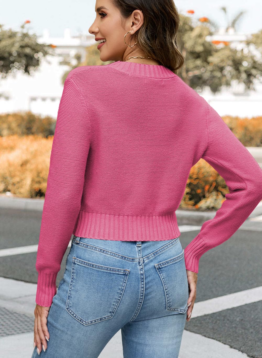 QACOHU Womens Spring Sweater Crew Neck Cropped Sweaters Pullover Long Sleeve Jumper Fashion Tops Knit Pullovers ROSEO S