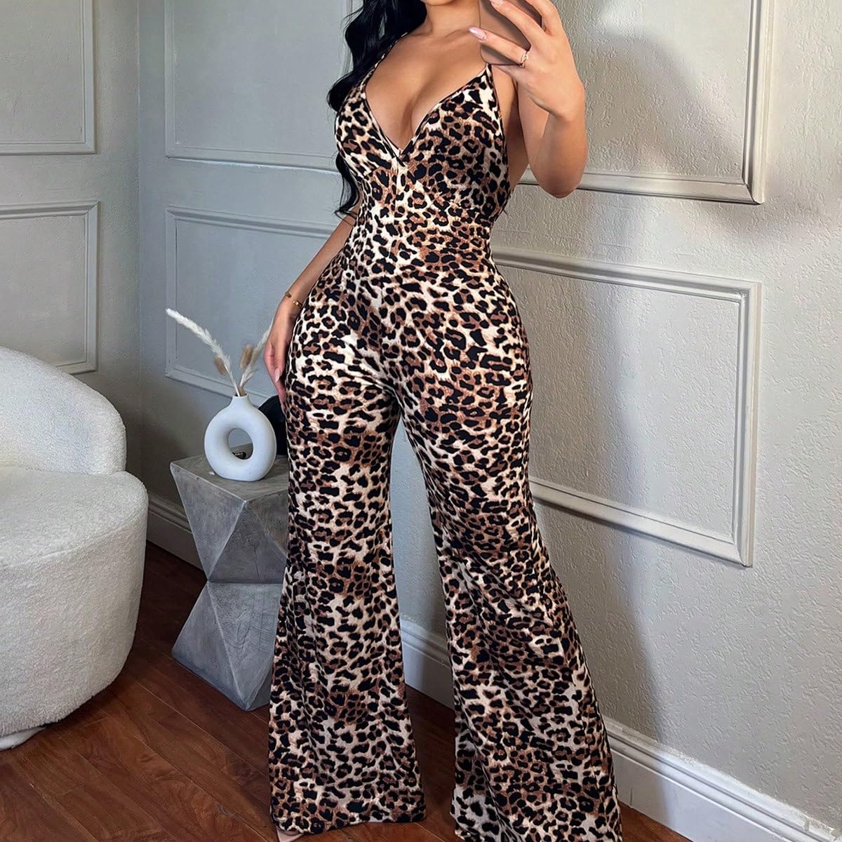 WDIRARA Women's Sexy Wide Leg Night Out Leopard Print Jumpsuits Brown 3X-Large