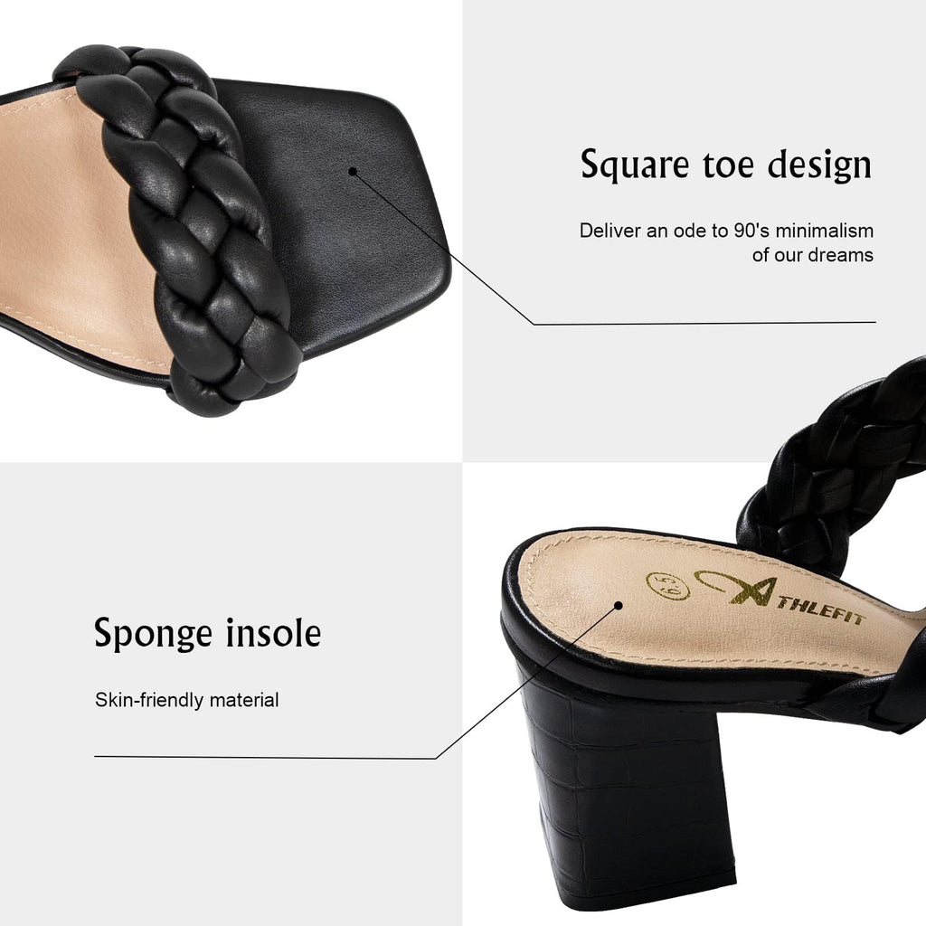 Athlefit Women's Braided Heeled Sandals Summer Square Open Toe Slip on Block Black Heels Size 8