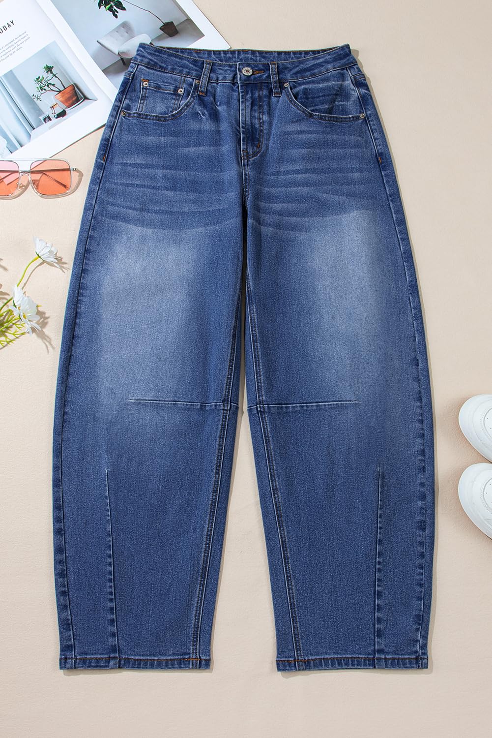 Sidefeel Women's Barrel Jeans Wide Leg Vintage Mid Rise Y2k Baggy Boyfriend Denim Pants Size 10 Blue
