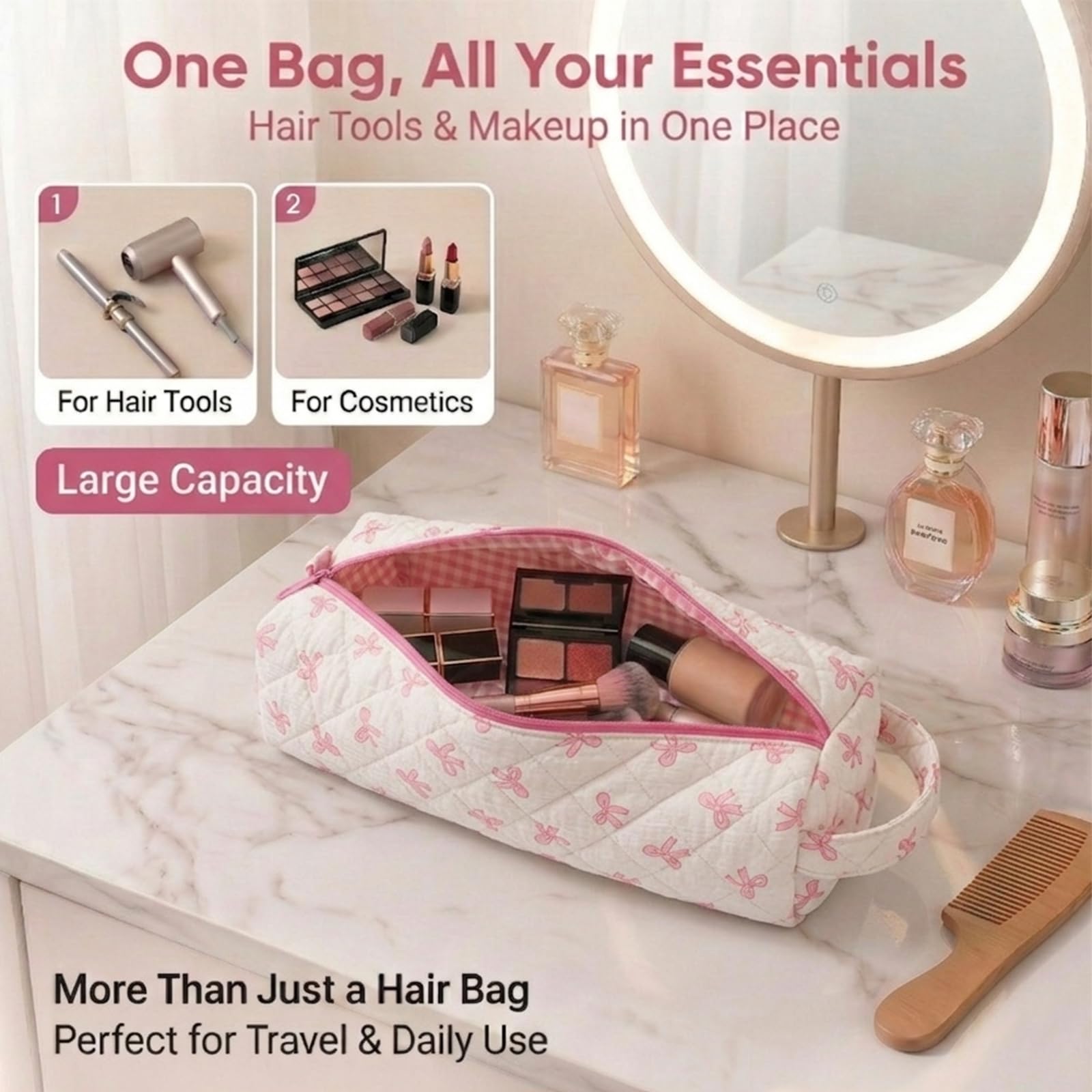 Canumer Hair Tools Organizer Bag with Bow Pattern for Curling Irons, Flat Irons, Hair Dryers and Styling Tools, Portable Pink Travel Case, Haircare Accessories Travel Essentials(14" x 3.1" x 4.9")