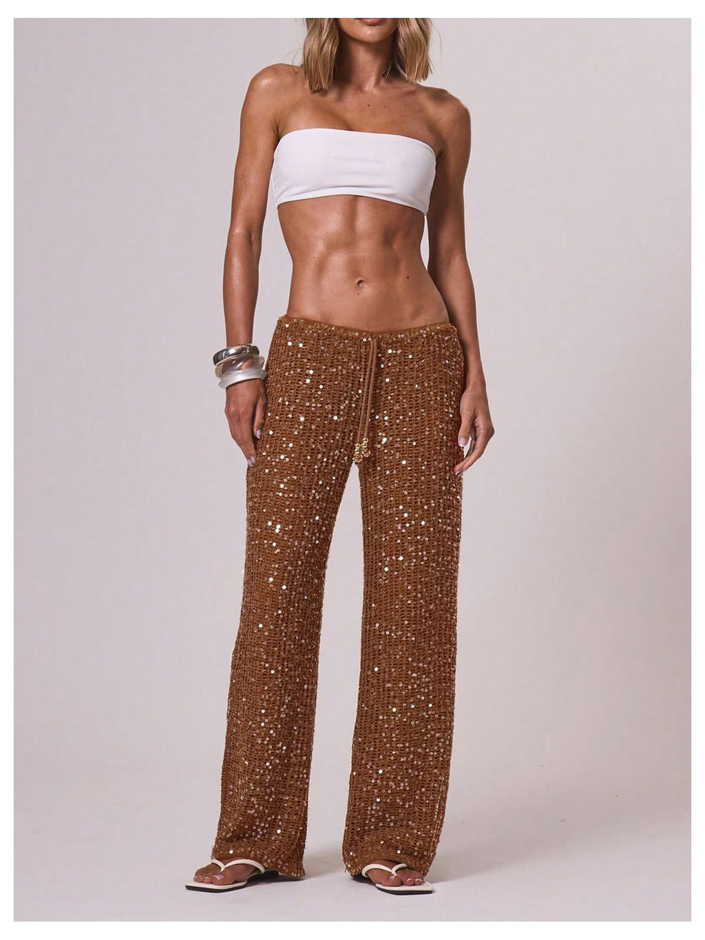 WDIRARA Women's Sequin Crochet Cover Up Pants Hollow Out Beach Pants Swimwear Rust Brown Medium