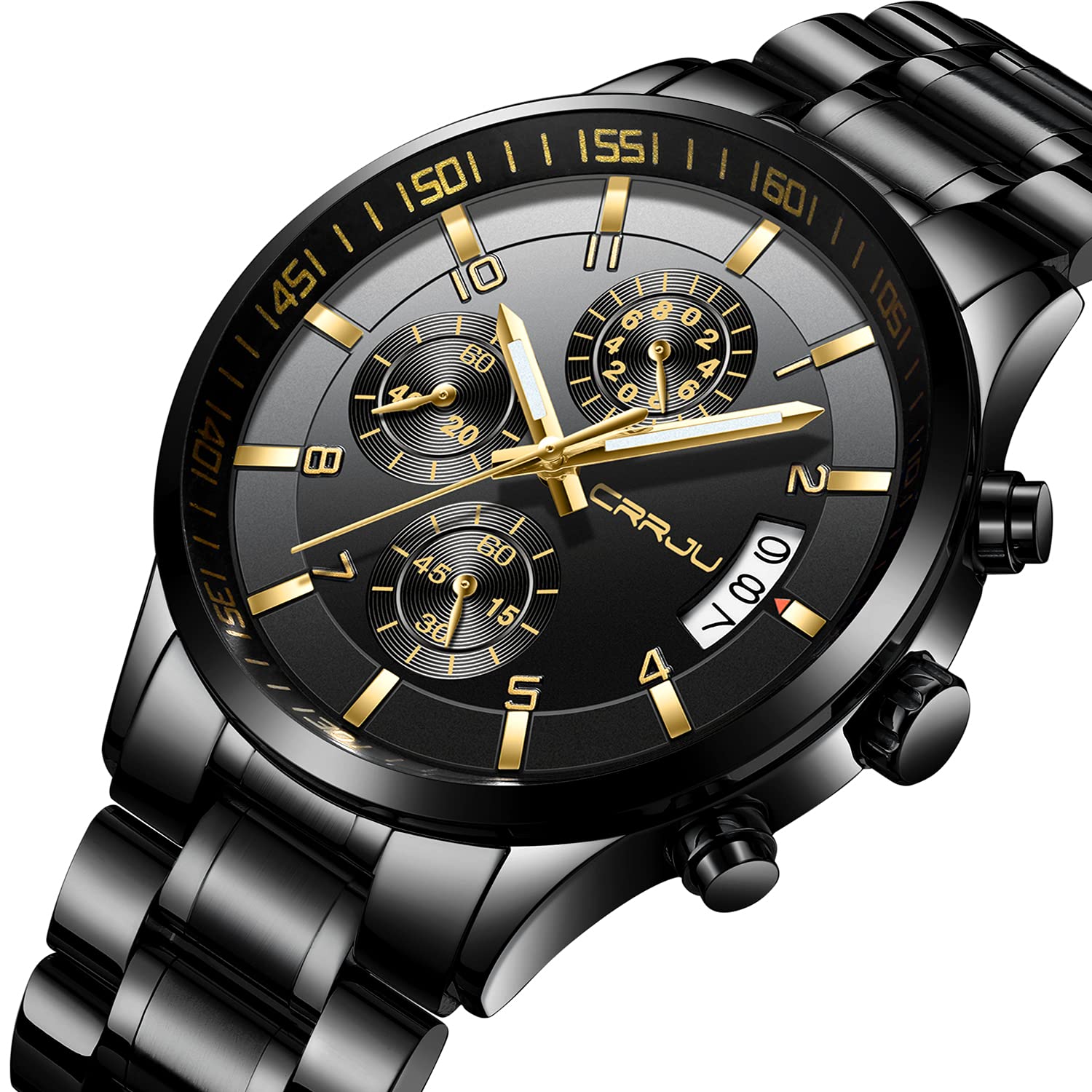 CRRJU Watches for Men,Fashion Luxury Casual Stainless Steel Japan Movement Waterproof Business Quartz Wristwatches,Man Black Golden Watch