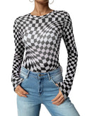 Acelitt Womens Fashion 2025 Checkerboard Shirts Crewneck Summer Sexy Sheer Mesh Blouse Checkered Print Long Sleeve Tops Black XL