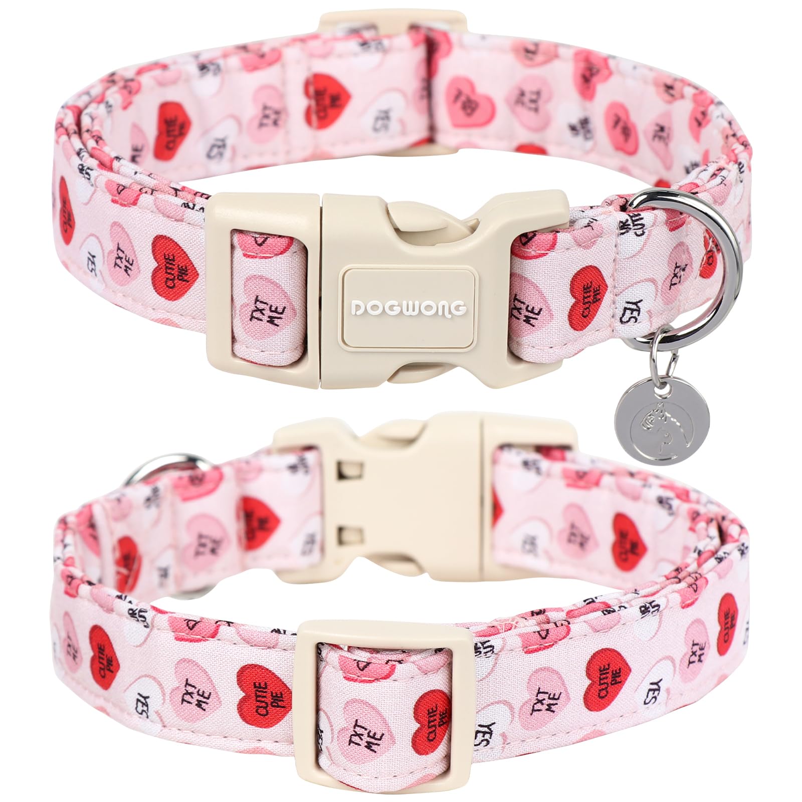 DOGWONG Valentine's Dog Collar, Adjustable Durable Pink Heart Dog Collar Cute Girl Dog Collar for Small Medium Dogs