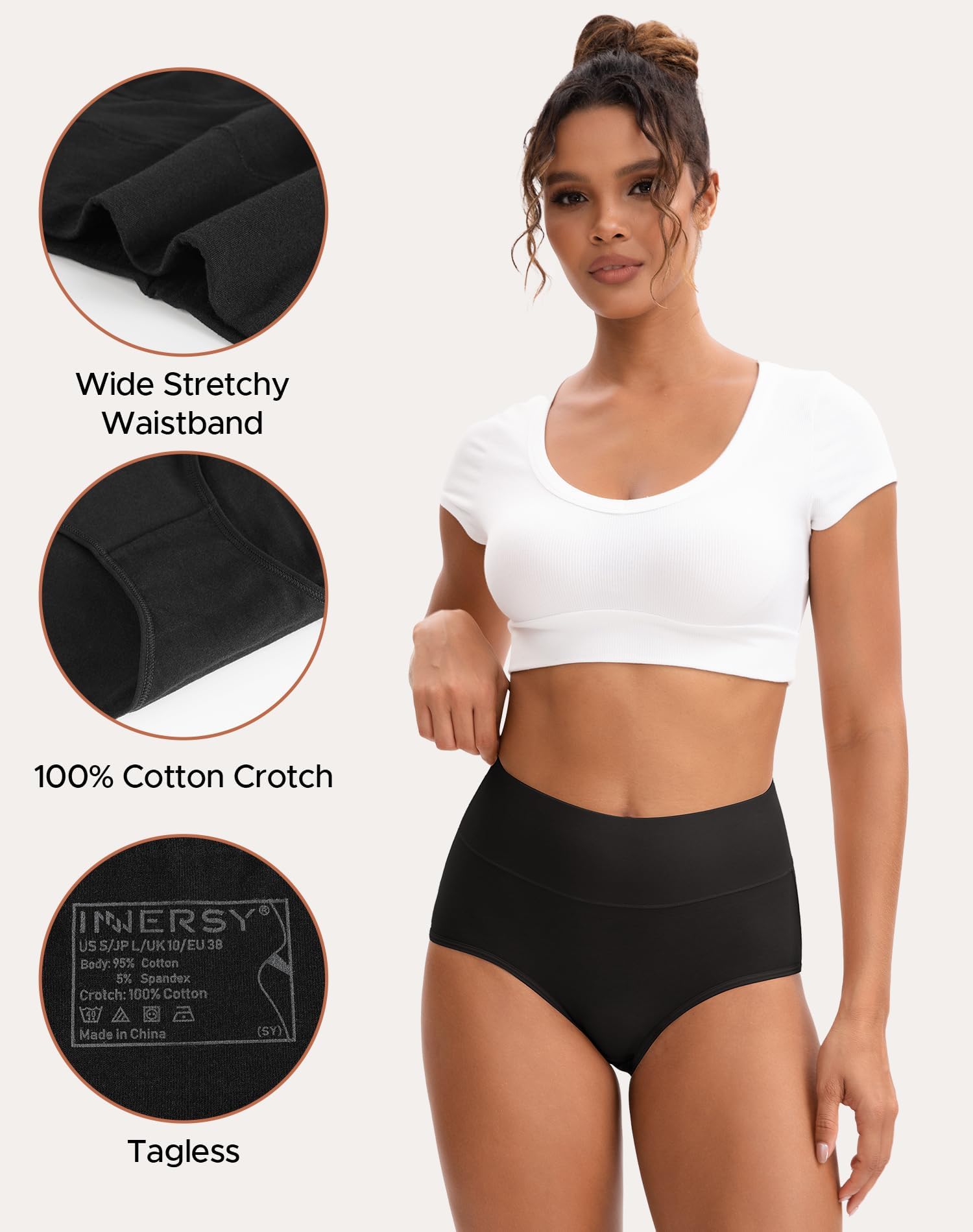 INNERSY Women's High Waisted Underwear Cotton Panties Regular & Plus Size 5-Pack(L,5 Black)