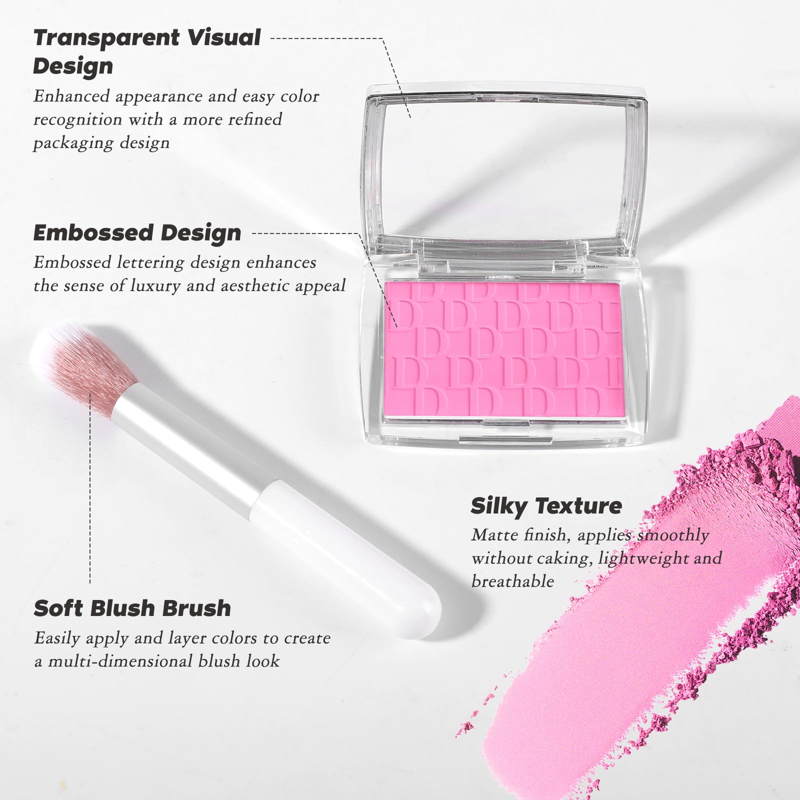 LYBHDAFA Pink Blush Powder Blush for Cheeks with Brush, Matte Blush Palette Blush Powder Face Blusher, Natural Blendable Formula Silky Lightweight Makeup Blush Rubores de Maquillaje, 001#