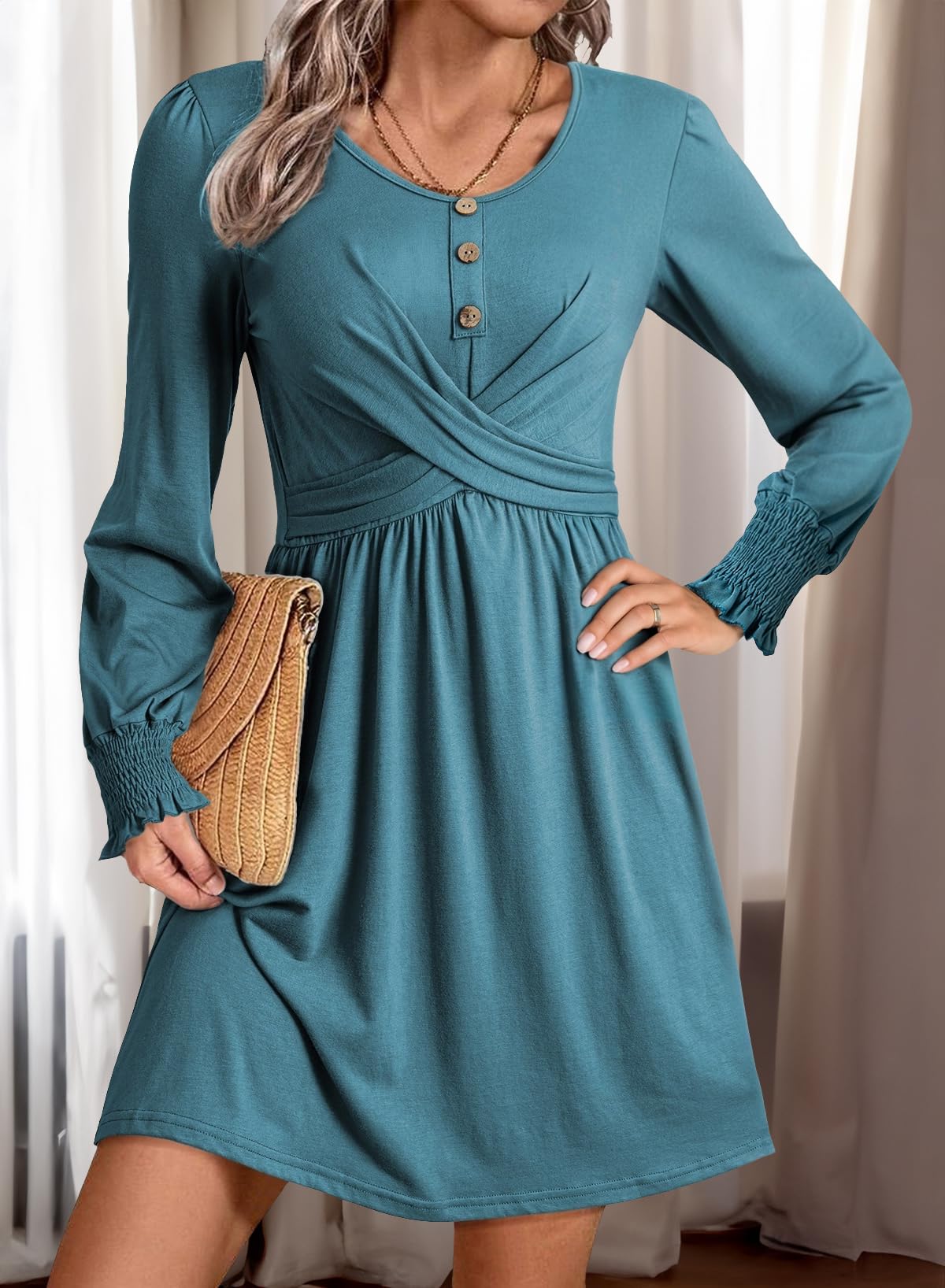 Acelitt Women's Fall Dresses 2025 Beach Casual Long Sleeve Loose Sundress Flowy Babydoll Mini Dress Country Concert Outfits for Women Canton X-Large