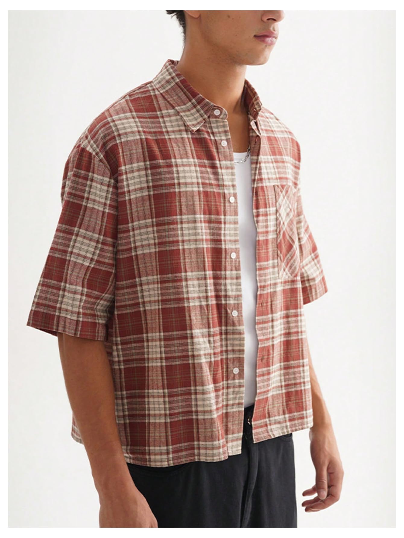 GORGLITTER Men's Gingham Cropped Shirt Plaid Button Up Short Sleeve Checkered Vintage Streetwear Crop Tops Tee Red Large