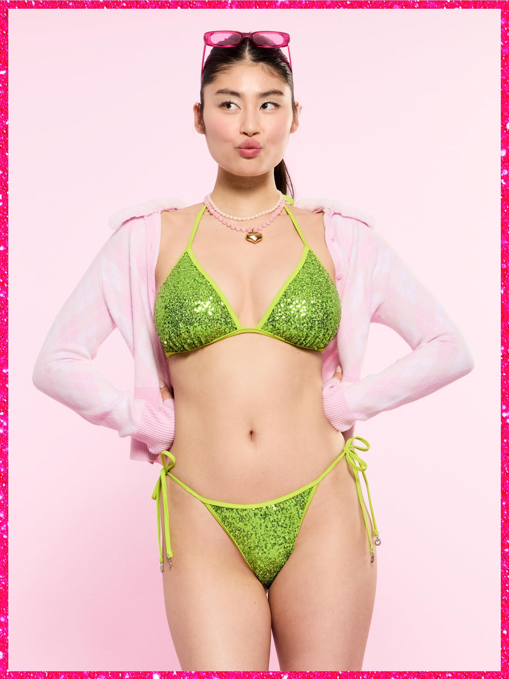 Victoria's Secret Pink | Elle Sequin Triangle String Bikini Top, Sour Apple, XXS