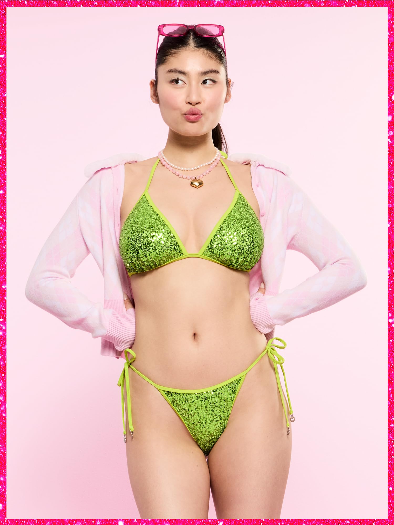 Victoria's Secret Pink | Elle Sequin Triangle String Bikini Top, Sour Apple, XXS