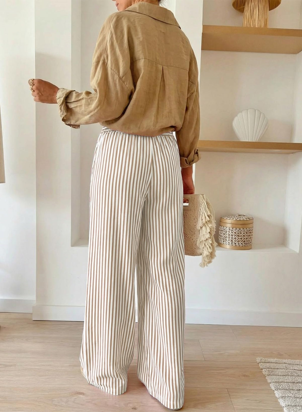 Acelitt Womens Casual Striped Wide Leg Pants Drawstring Elastic High Waisted 2026 Spring Fashion Beach Pants Trousers with Pockets Khaki Medium