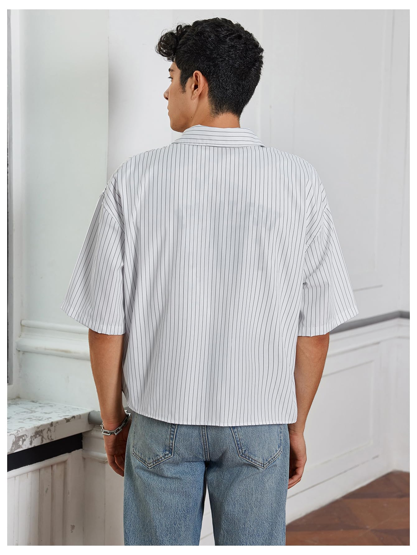 SweatyRocks Men's Striped Button Down Shirt Short Sleeve Collared Loose Fit Crop Shirt with Pocket White X-Small