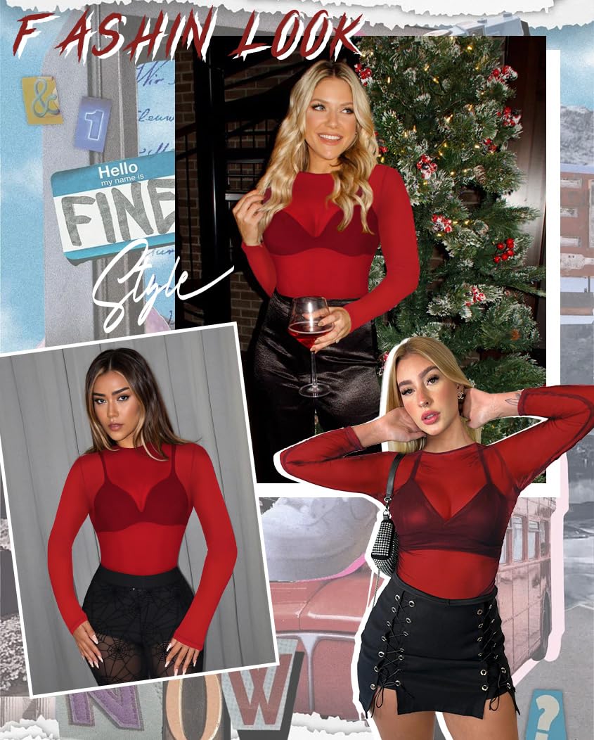 ZNVGIRL Women's Sheer Long Sleeve Top Mesh Slim Fit Tees See Through Blouse O Neck Clubwear(Bright Red,M)