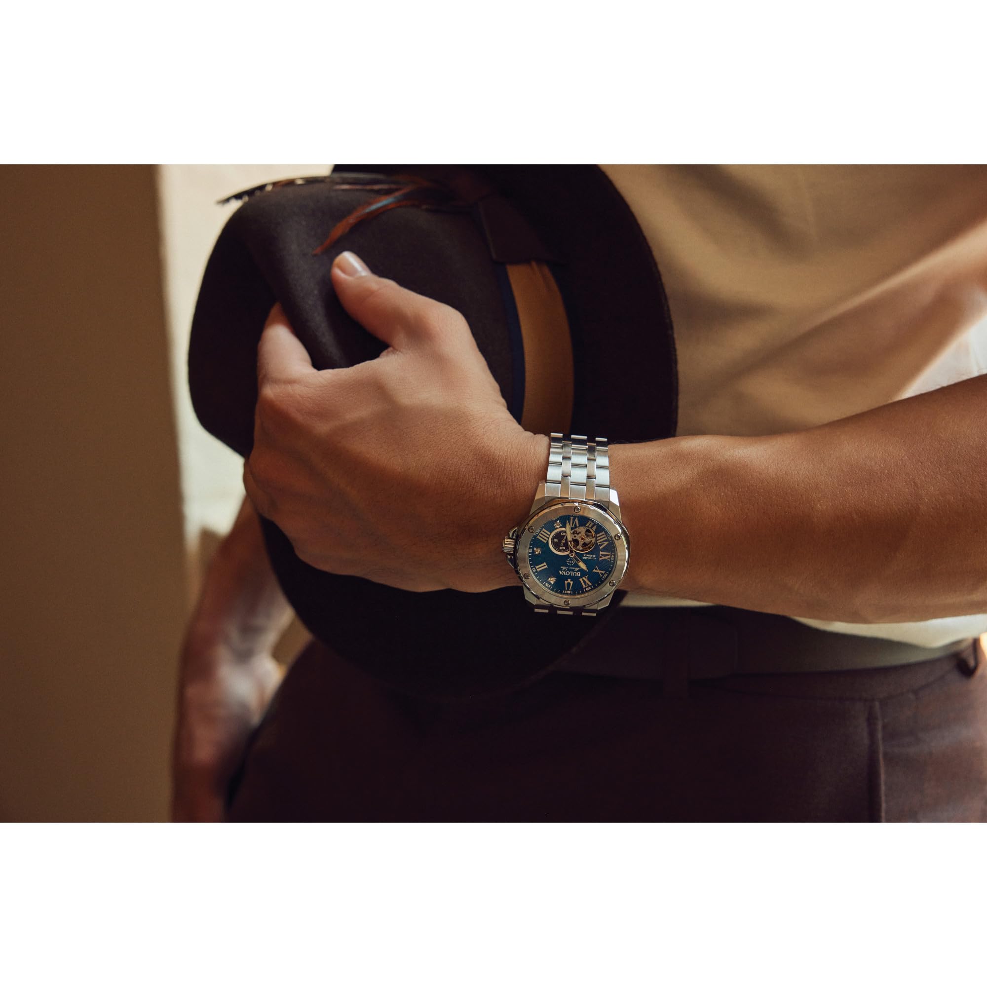 Bulova Marc Anthony Men's Automatic Marine Star Stainless Steel Watch,Open Aperture,Exhibition Case Back,Diamond Accent Blue Sunray Dial, (Model:98D184)
