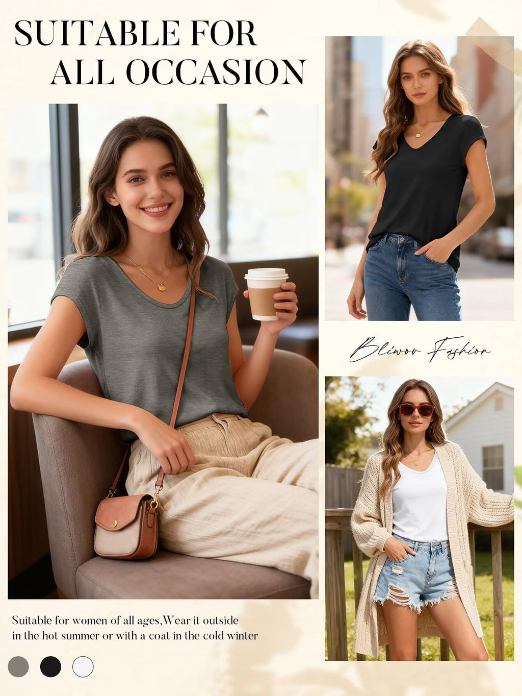 Bliwov 3 Pack Womens Cap Sleeve Summer Tops V Neck T Shirts Basic Tees