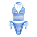 ZAFUL Striped Tankini Sets for Women Padded Swimsuit Halter Bikini High Cut 2 Piece Bathing Suit Color Block Swimwear Blue XS