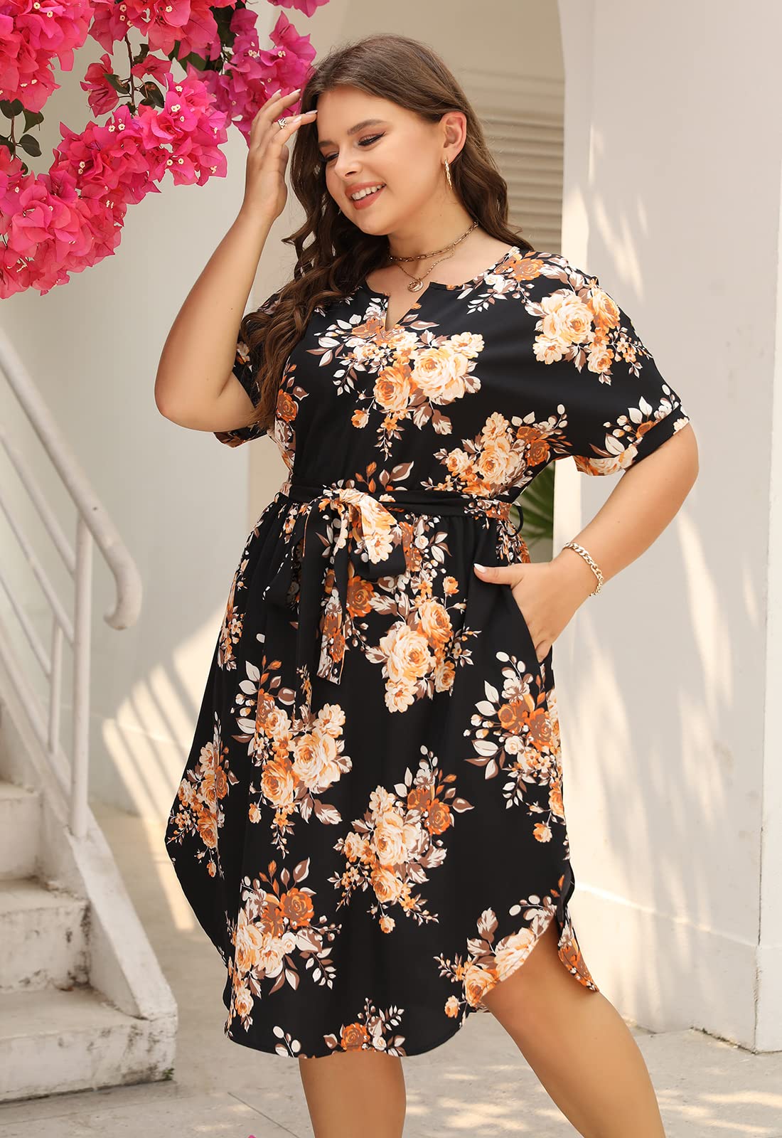 Nemidor Plus Size Casual Dresses for Curvy Women Summer Boho Floral Print Swing Midi Dress with Pockets 14-26(306,22,Black Yellow)