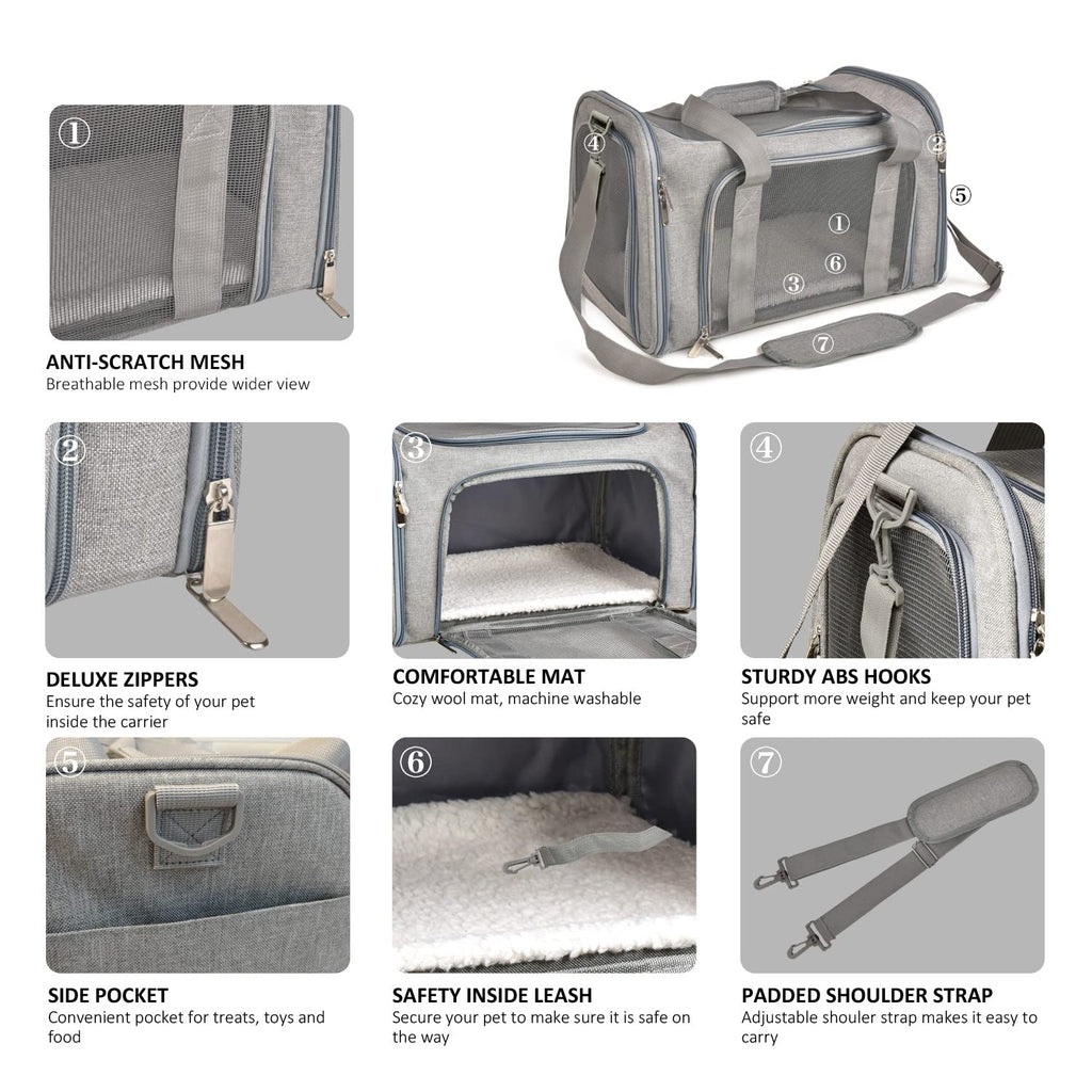 Henkelion Cat Carriers Dog Carrier Pet Carrier For Small / Medium Cats Dogs Puppies (Up To 15lbs), TSA Airline Approved Small Dog Carrier Soft Sided, Collapsible Waterproof Travel Puppy Carrier - Grey
