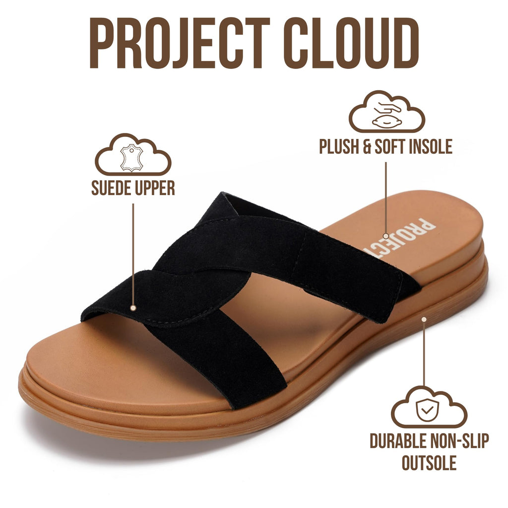 Project Cloud Low Wedge Sandals for Women 2026 - Easy Slip On Sandals with Plush Cushioned Insole – Lightweight & Non Slip Womens Slides for Women Footwear (Nina,BLKSDE,7)
