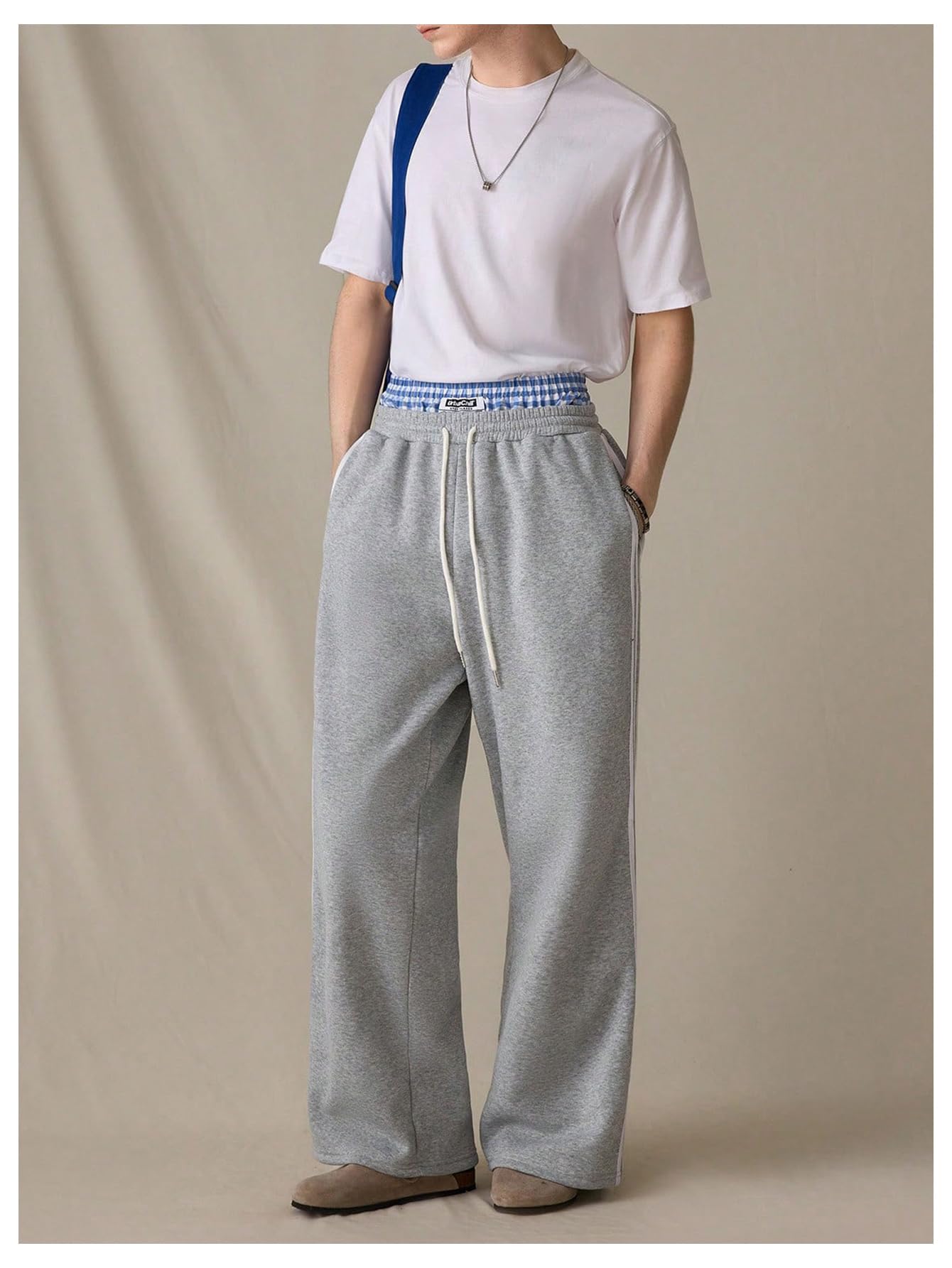 WDIRARA Men's Baggy Wide Leg Sweatpants Side Striped Patchwork Drawstring Track Pants with Pockets Grey Striped Medium