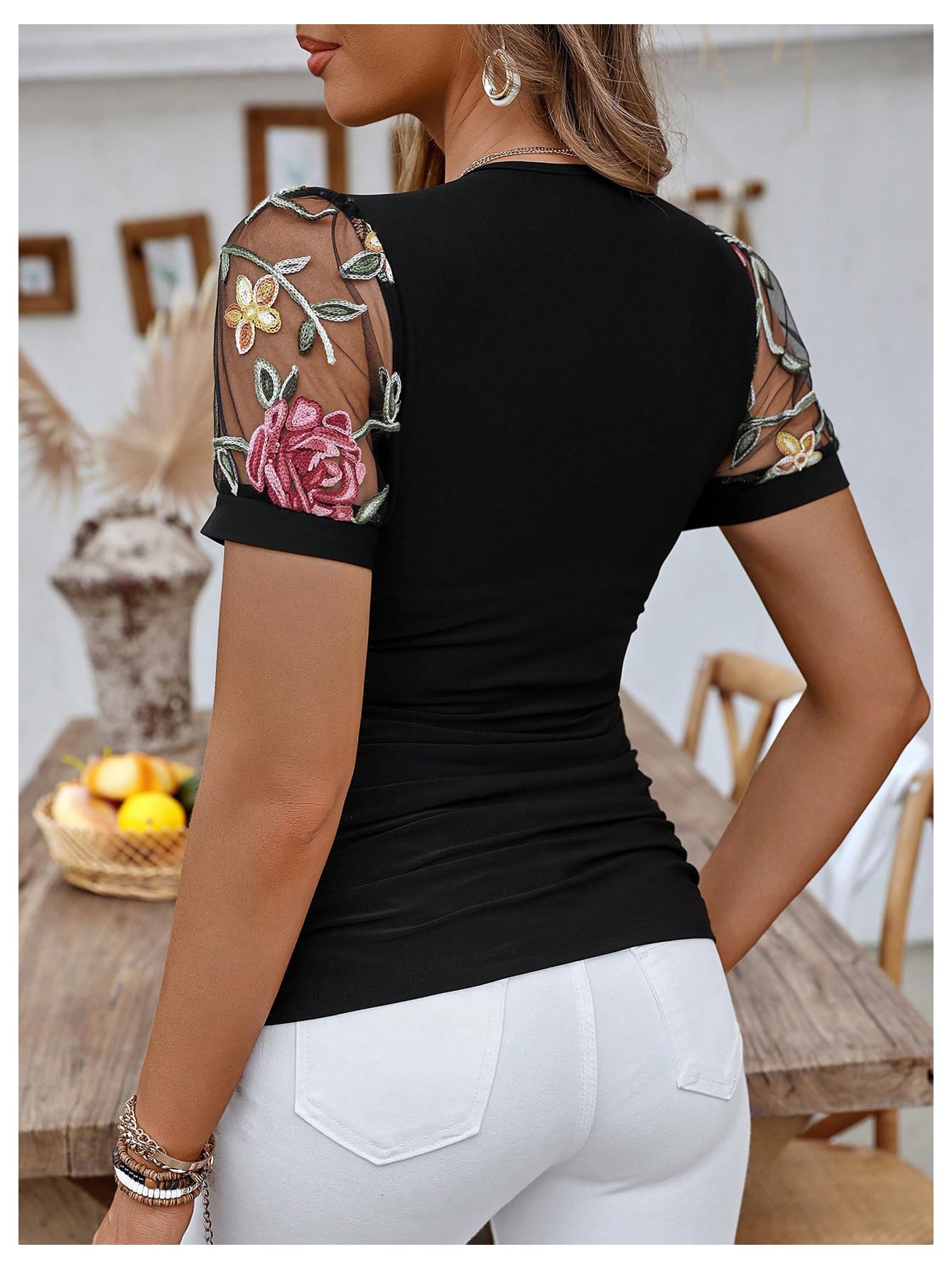 WDIRARA Women's Floral Embroidery Deep V Neck Mesh Short Sleeve Top Ruched Slim Fit Tee Black X-Large