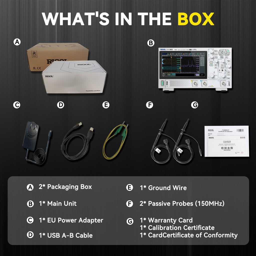 RIGOL Digital Oscilloscope DHO802 70 MHz 2-Ch + EXT Trig 1.25 GSa/s 12-bit 25 Mpts UltraAcquire 1,000,000 wfms/s 7" Touch LAN/USB/HDMI Web Control SCPI for Troubleshooting MCU CAN
