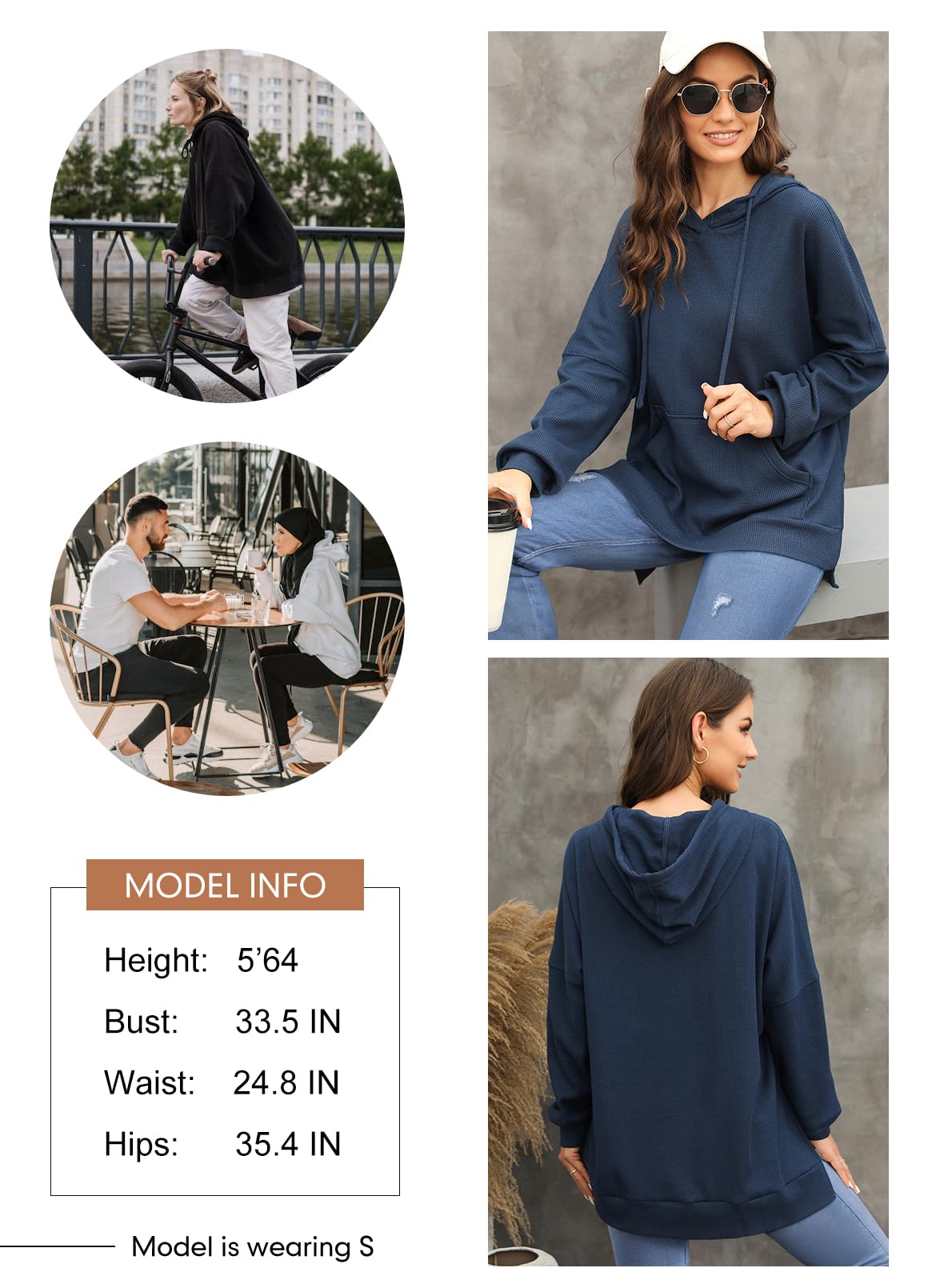 Dokotoo Women Ladies Hoodies Oversized Long Sleeve Sweatshirt for Women 2025 Fashion Plus Size Waffle Knit Winter Clothes Hooded Sweatshirts Casual Loose Hoodie with Pocket Dark Blue Medium