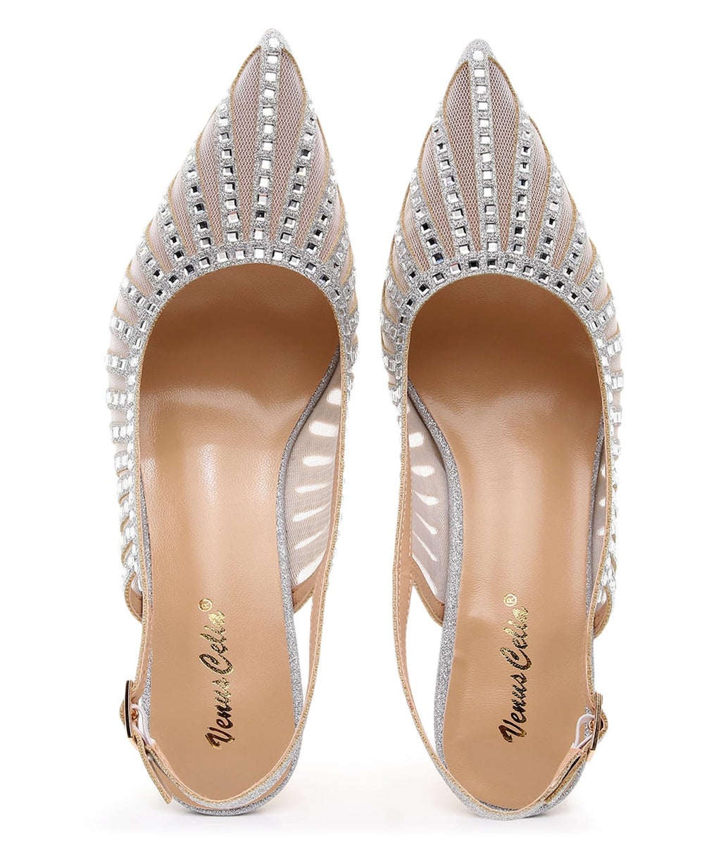VenusCelia Women's Graceful Lady Slingback Pump Shoe (10.5 M US,Silver)