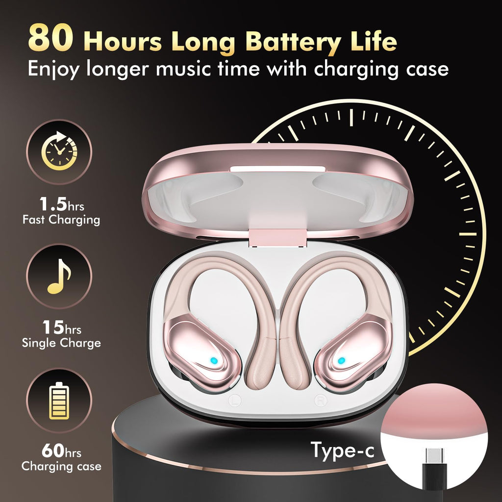HAOYUYAN Wireless Earbuds, Sports Bluetooth Headphones, 80Hrs Playtime Ear Buds with LED Power Display, Noise Canceling Headset, IPX7 Waterproof Earphones for Workout/Running（Rose Gold）