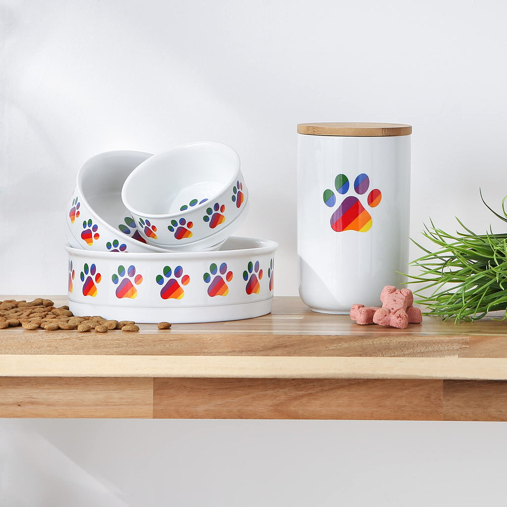 Bone Dry Ceramic Food Bowls, Non-Slip & Dishwasher Safe, Large Set, 7.5x2.4, Rainbow Paw, 2 Count