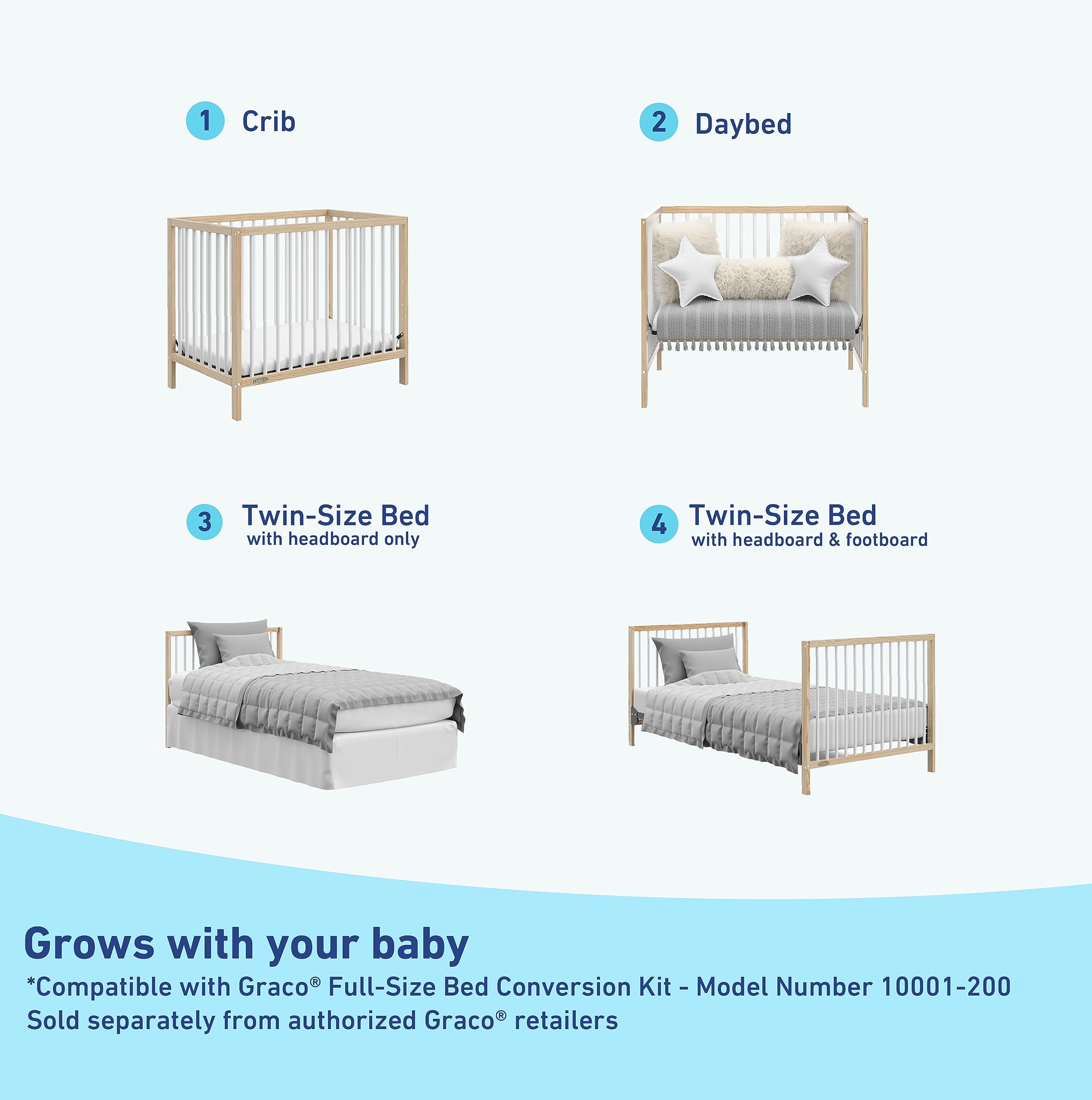 Graco Teddi 4-in-1 Convertible Mini Crib with Bonus Water-Resistant Mattress (Natural with White) – GREENGUARD Gold Certified, 2.75-Inch Mattress Included, Convenient Size, Easy 30-Minute Assembly