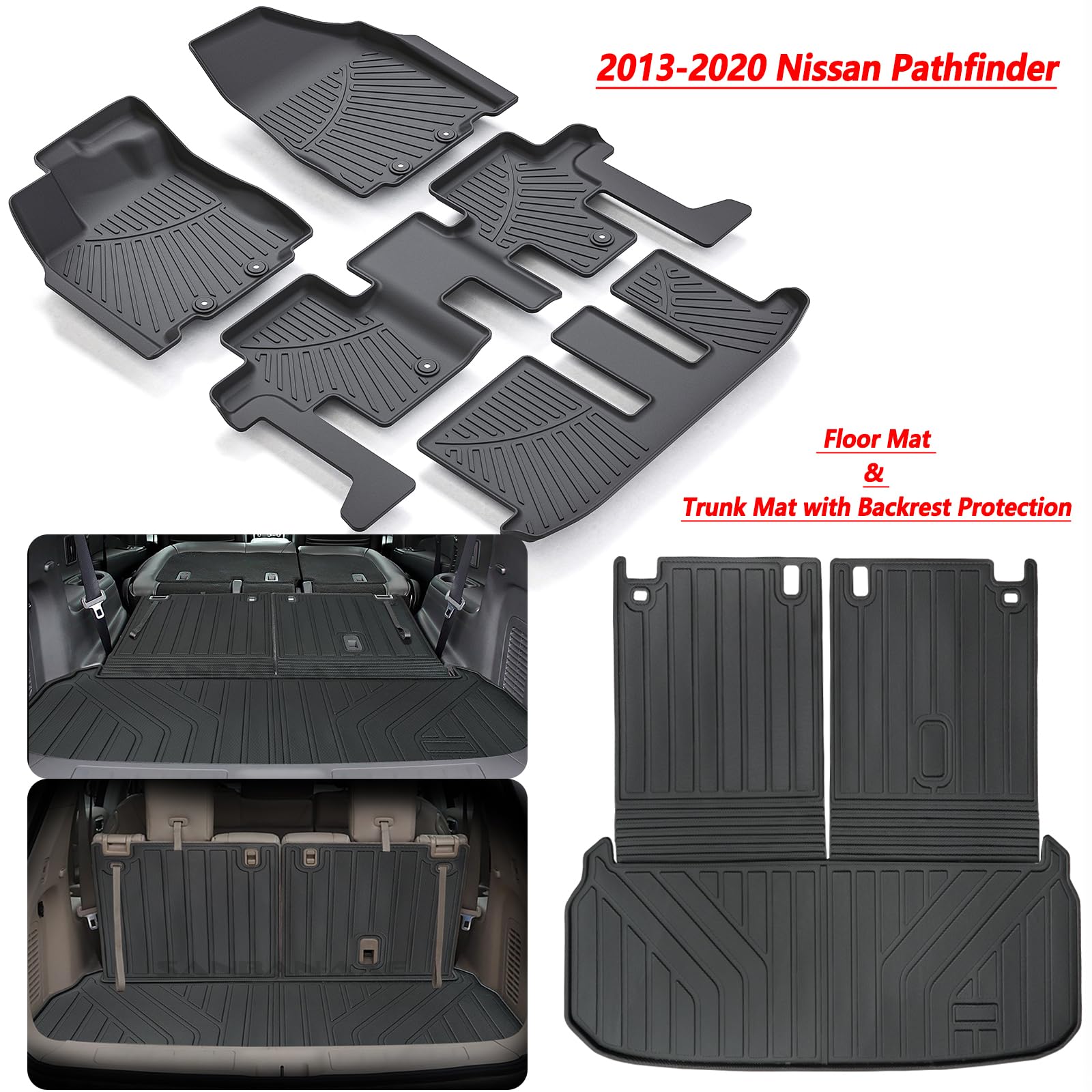 SANBAN-AXE Floor Mats & Trunk mat For 2013-2019 2020 Nissan Pathfinder 2013 Infiniti JX35 2014-2020 Infiniti QX60 TPE All Weather Protection 3 Rows Car Floor Liners & Cargo Liners With Velcro Backrest