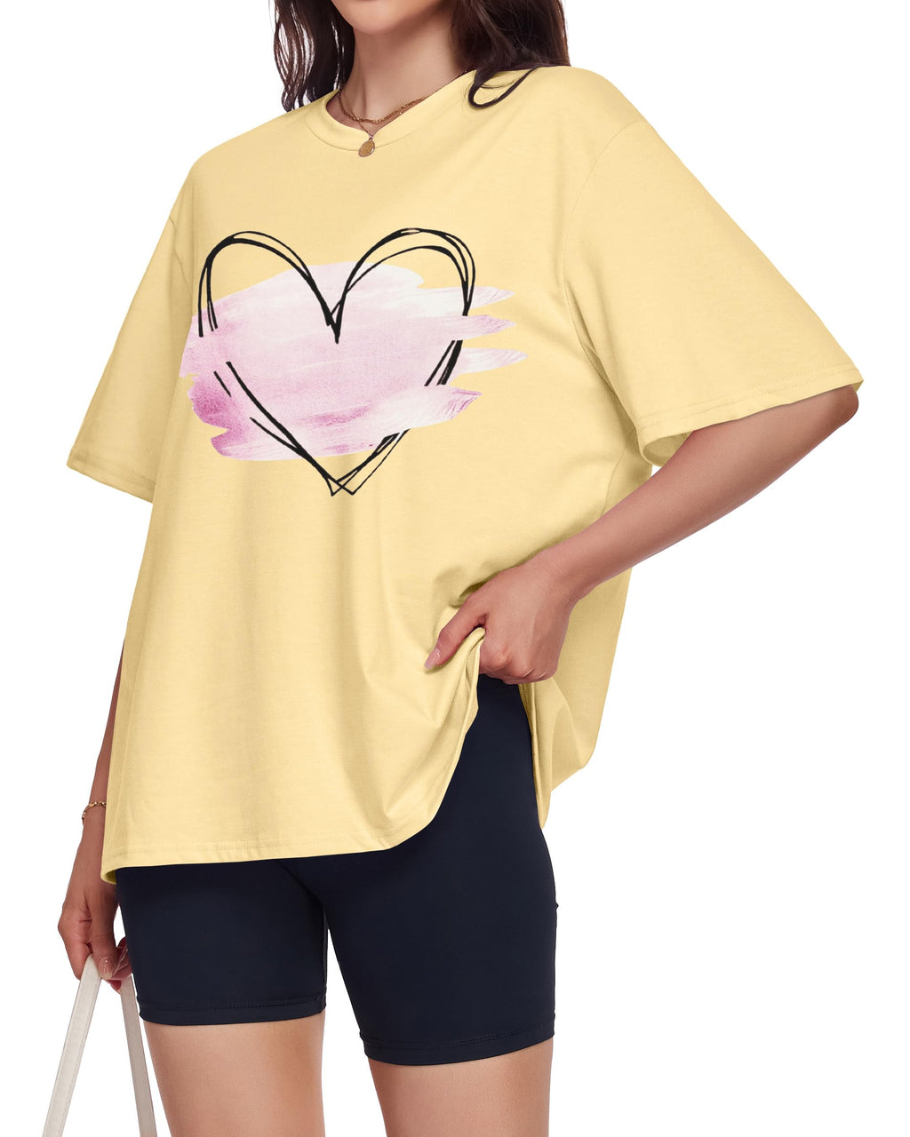 ADOREJOY Oversized Tshirts for Women Crewneck Summer Graphic Tees Short Sleeve Loose Basic Tops, Khaki Pink Heart, L