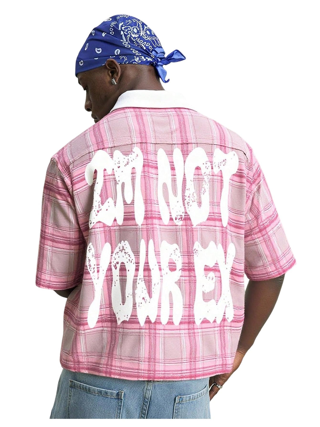 VIPWOLF Men's Plaid Cropped Shirt Oversized Gingham Short Sleeve Button Down Hip Hop Streetwear Baggy Crop Top Pink Small