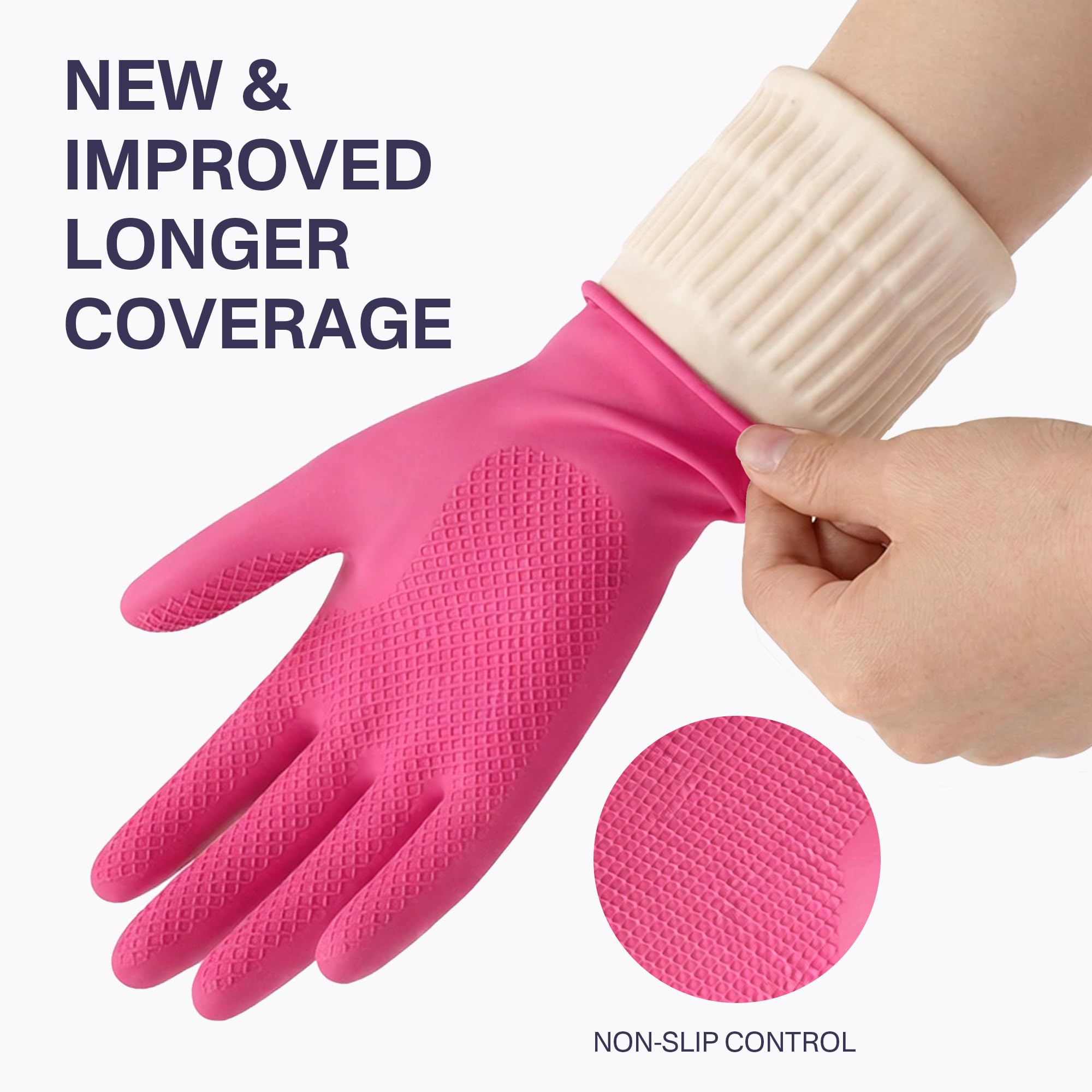 Rubber Cleaning Gloves, Dishwashing Kitchen Glove Tools for Dish Washing Household Essentials, Waterproof Non-Slip Long Cuff House Supplies Guantes Para Lavar Platos Women, Red+Pink, Medium, 2 Pairs