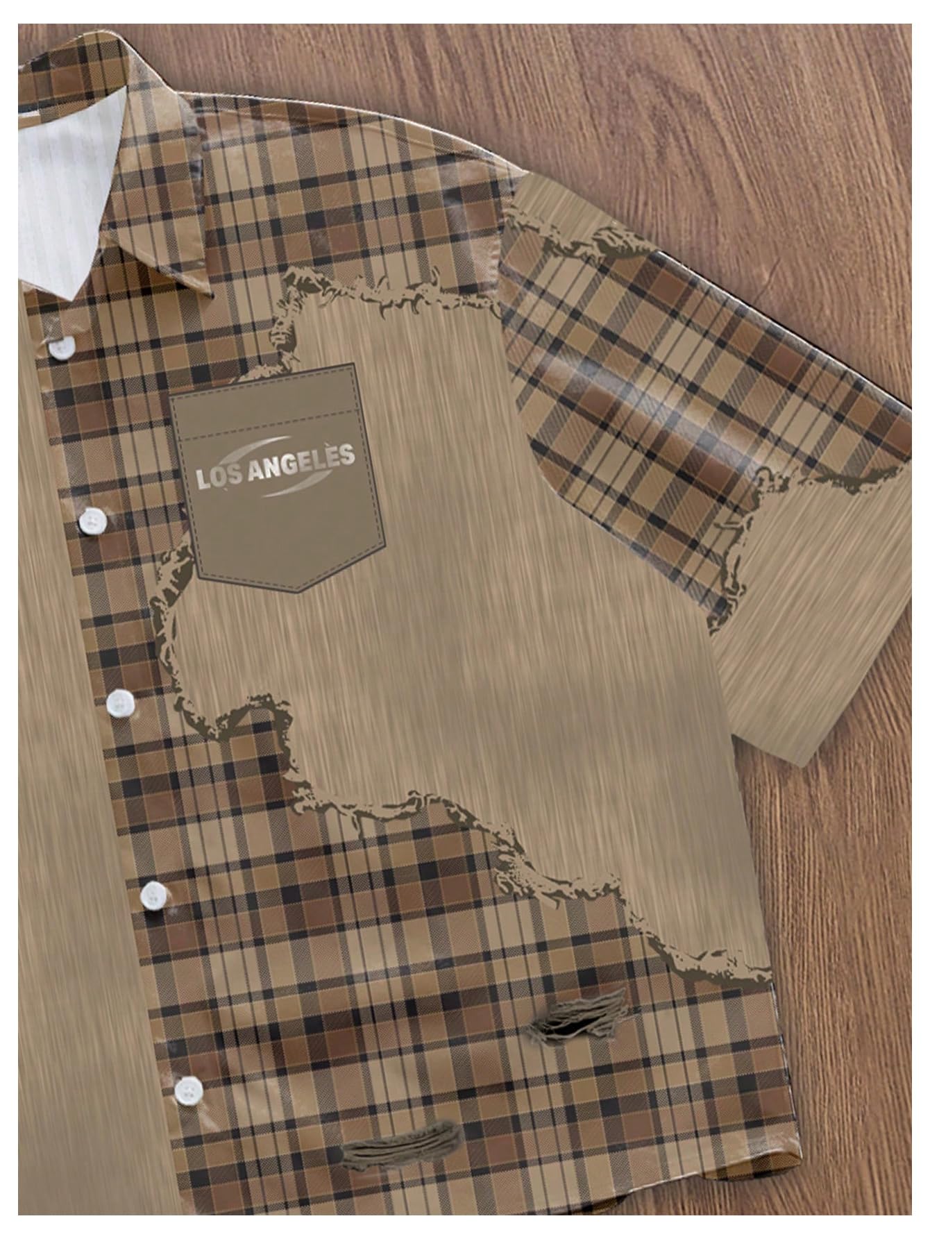 VIPWOLF Men's Cropped Shirts Gingham Plaid Button Up Oversized Colorblock Short Sleeve Crop Tees Streetwear Brown Plaid Large