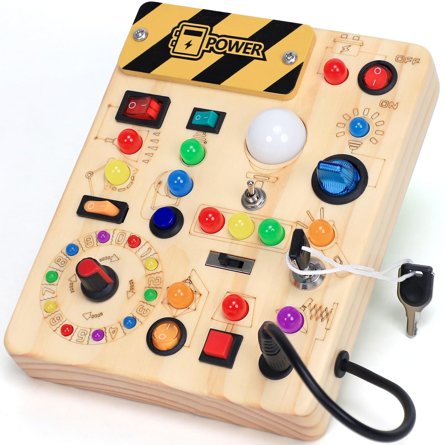 Busy Board with LED Light Switches, Montessori Toys for 1 2 3 Years Old, Toddlers Wooden Toy Sensory Activity Board, Travel Toys for 1+ Year Old Boy & Girl Birthday Gift