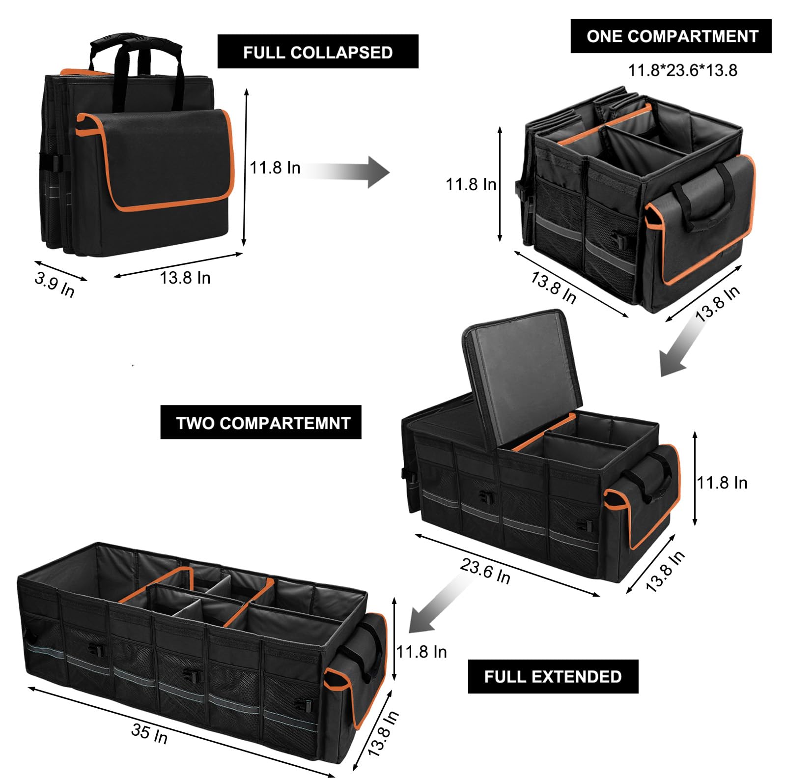 Car Trunk Organizer and Storage with Lid & Removable Leakproof Cooler Bag, Car Accessories 6 Removable Dividers for Custom Space, Collapsible Large Trunk Organizers Interior for SUV Sendan with Cover