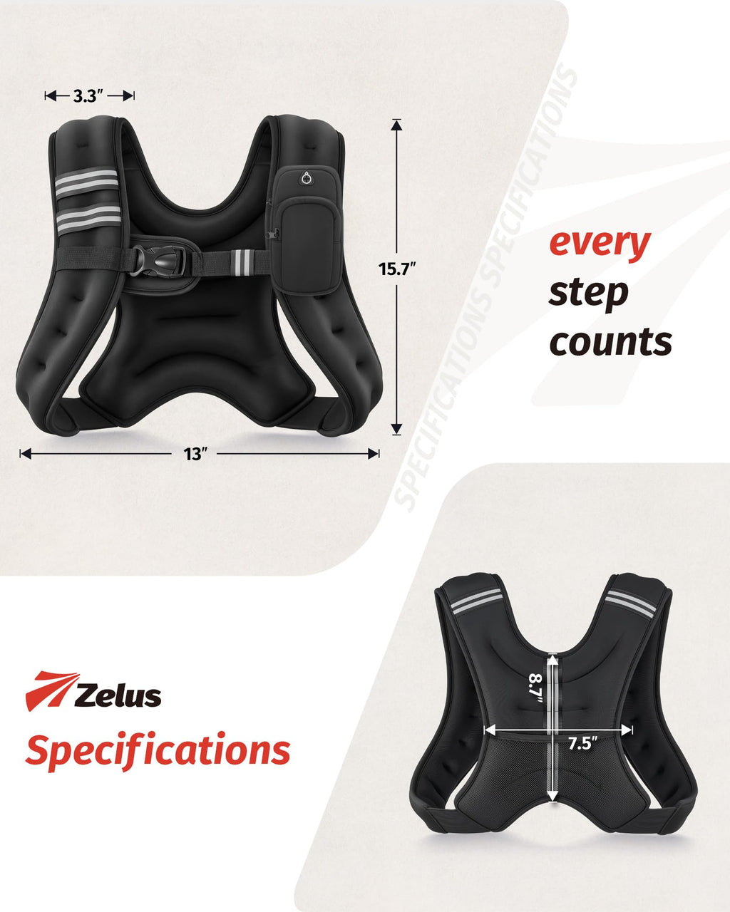ZELUS Weighted Vest, 6lb/8lb/12lb/16lb/20lb/25lb/30lb Weight Vest with Reflective Stripe for Workout, Strength Training, Running, Fitness, Muscle Building, Weight Loss, Weightlifting, Black(12 lb)