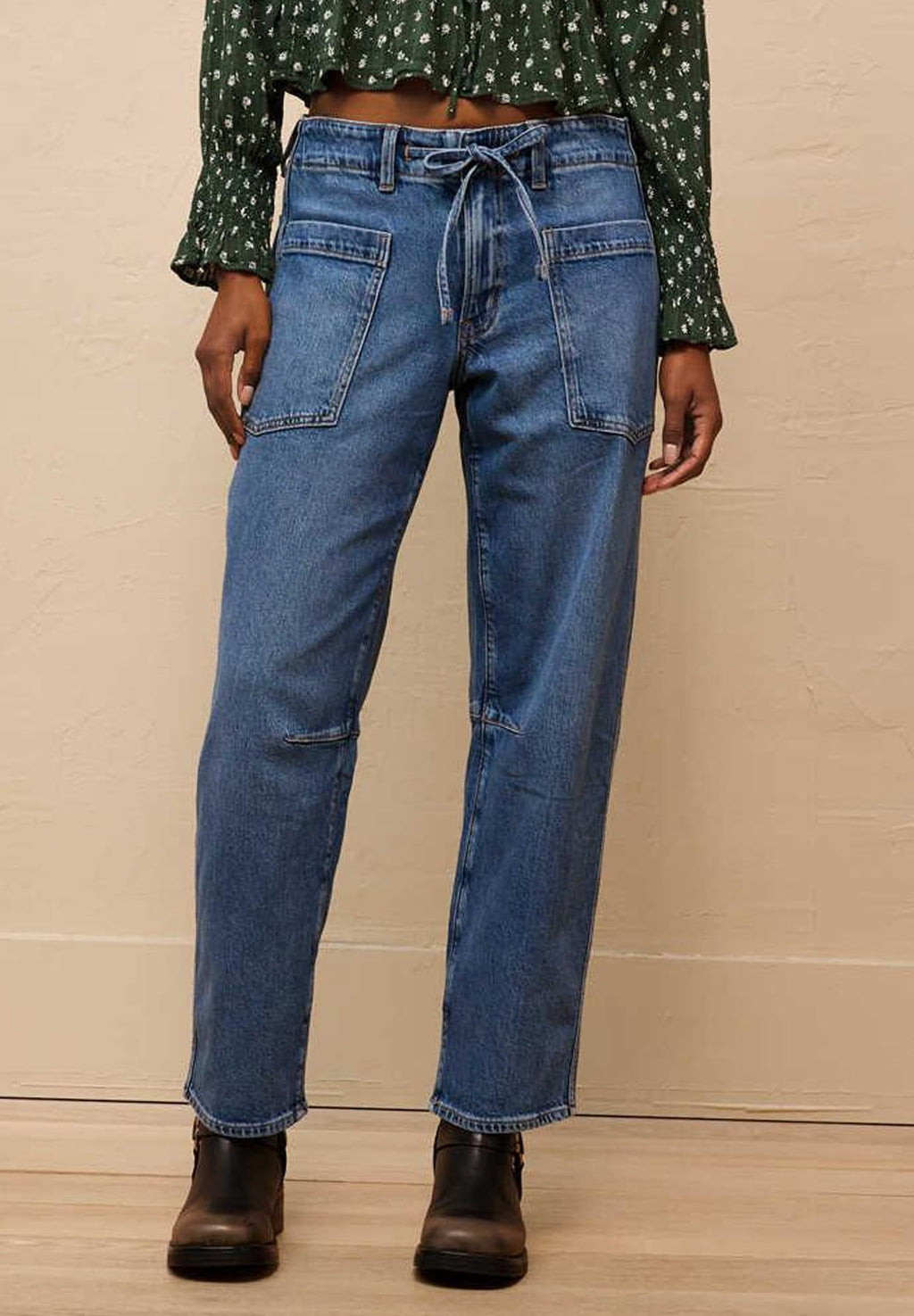longlugoo Women's Baggy Barrel Jeans Casual Boyfriend Mid Rise Wide Leg Denim Pants with Drawstring Blue