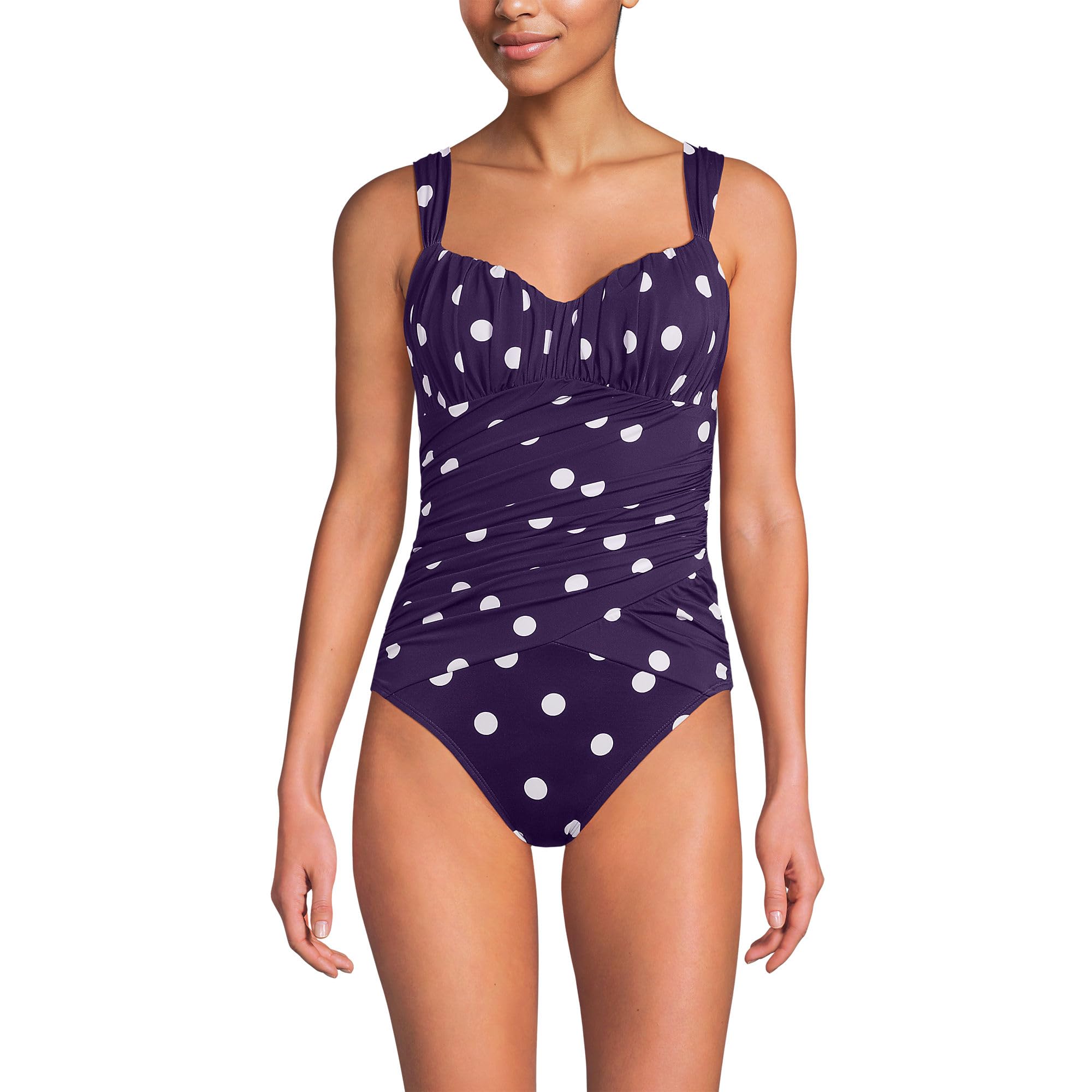 Lands' End Women's Slender Lite Sweetheart Shirred One Piece 2 BlackBerry Polka Dot