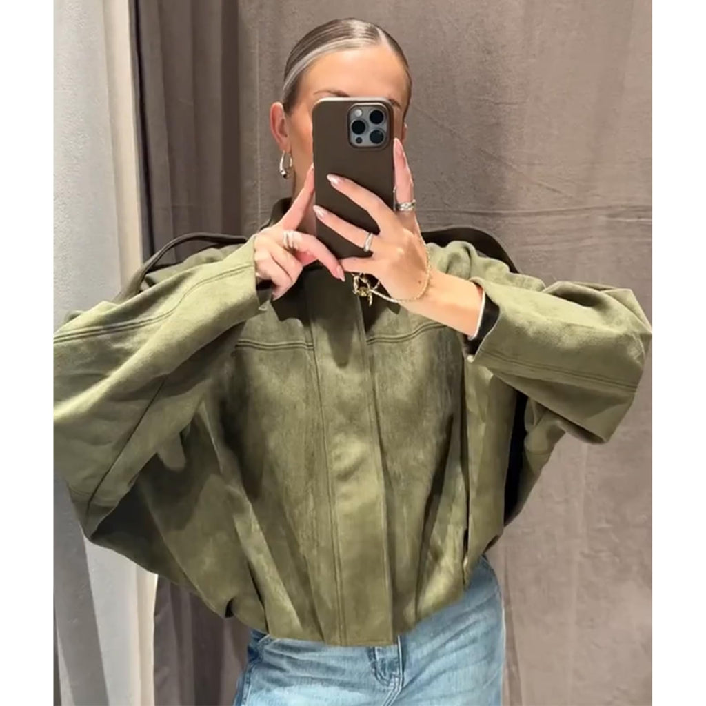 Csvinkiko Women's Faux Suede Bomber Jacket Oversized Pilot Coats Fall Lapel Zip Up Motorcycle Streetwear Outerwear(Army Green, X-Small)