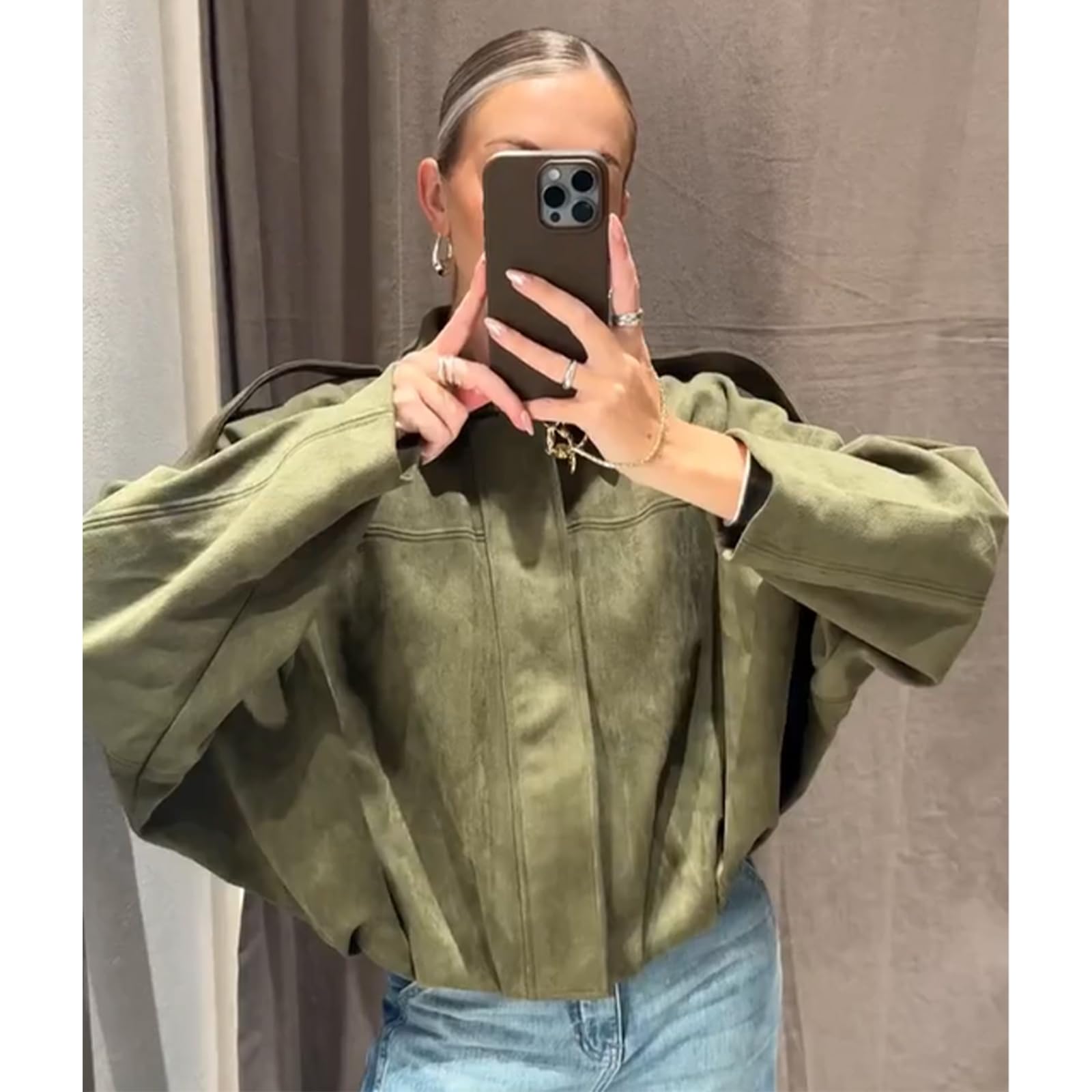 Csvinkiko Women's Faux Suede Bomber Jacket Oversized Pilot Coats Fall Lapel Zip Up Motorcycle Streetwear Outerwear(Army Green, X-Small)