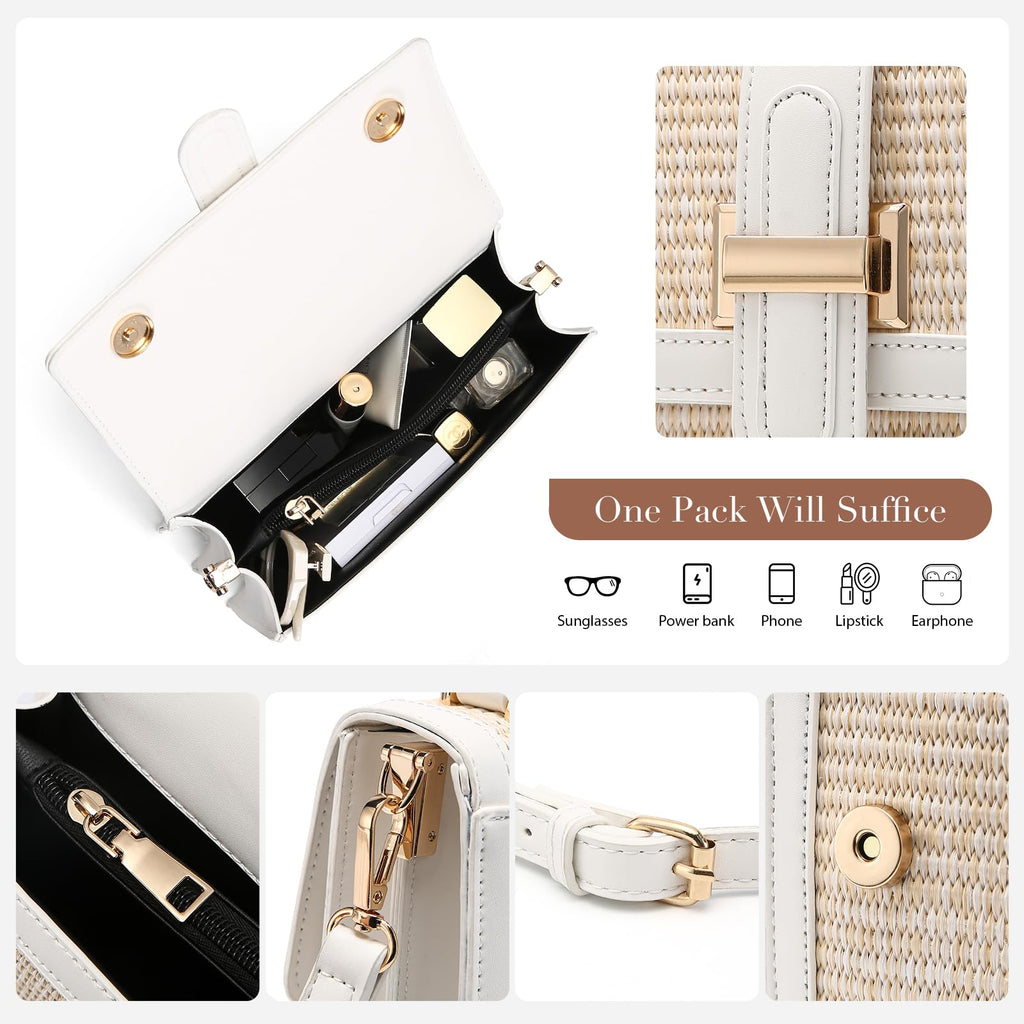 Straw Crossbody Bag for Women, Vegan Leather Patchwork Summer Purse with Top Handle, Small Woven Shoulder Handbag for Beach Vacation, Wedding, or Casual Daily Use