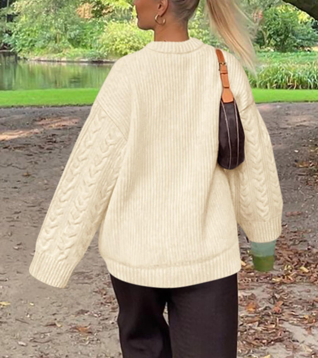 Okiwam Women's Oversized Sweaters Crewneck Cable Knit Pullover Casual Loose Fall Outfits Spring Fashion Clothes 2026-M Beige White