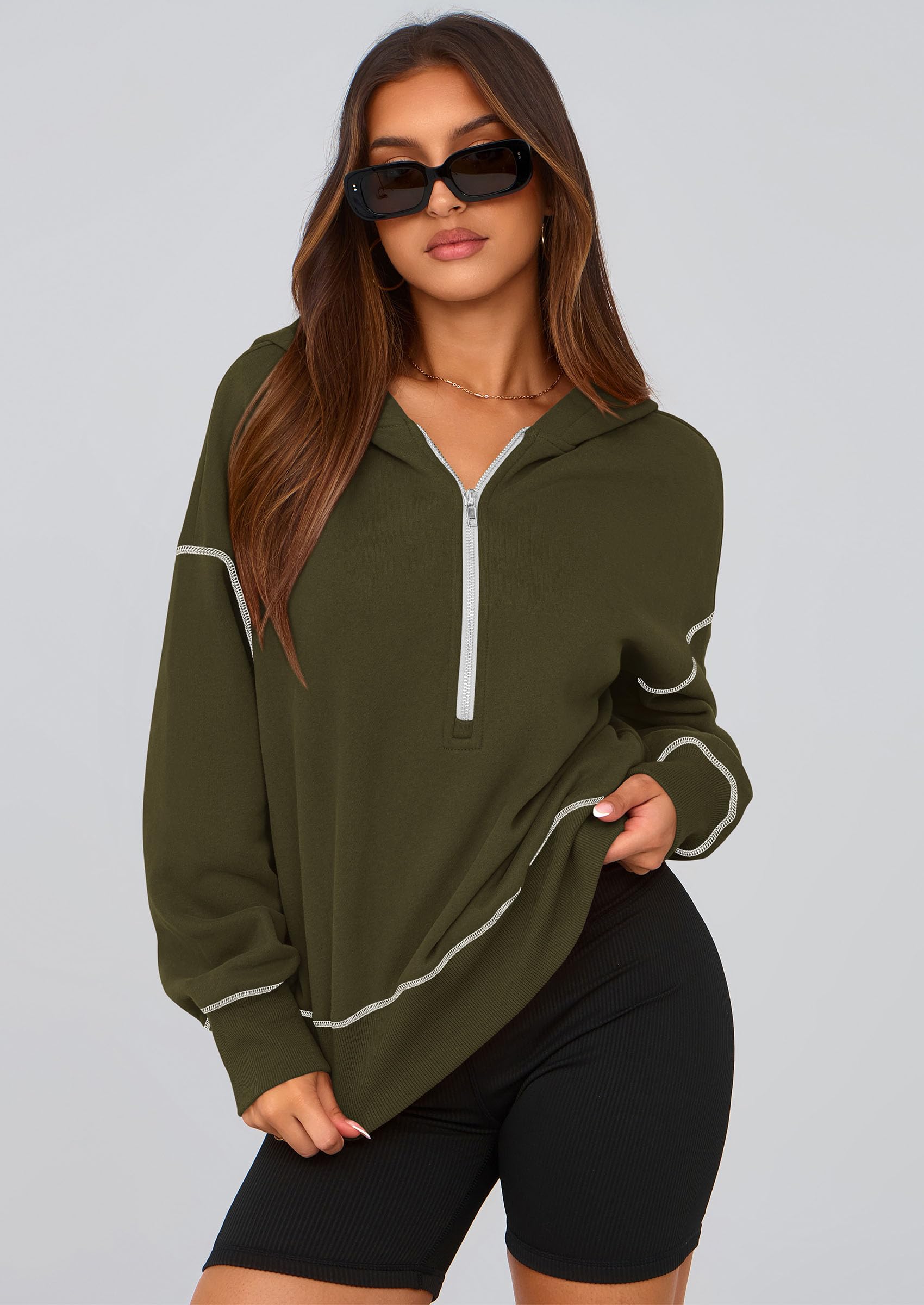 PRETTYGARDEN Women's 2026 Fall Hooded Sweatshirts Long Sleeve Half Zip Cropped Hoodies Pullover Winter Fashion Clothes (Army Green,Small)