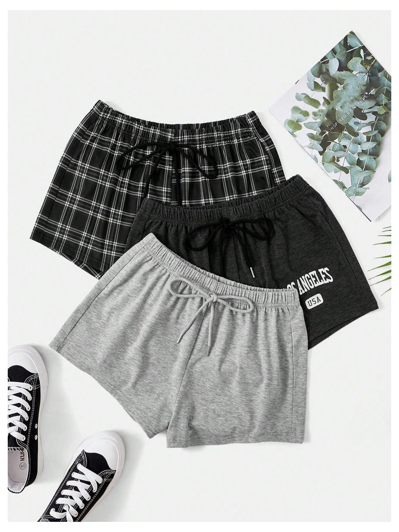 WDIRARA Women's 3 Pack Plaid Letter Graphic Pajama Shorts Elastic Waist Pj Lounge Shorts Multicolor Large