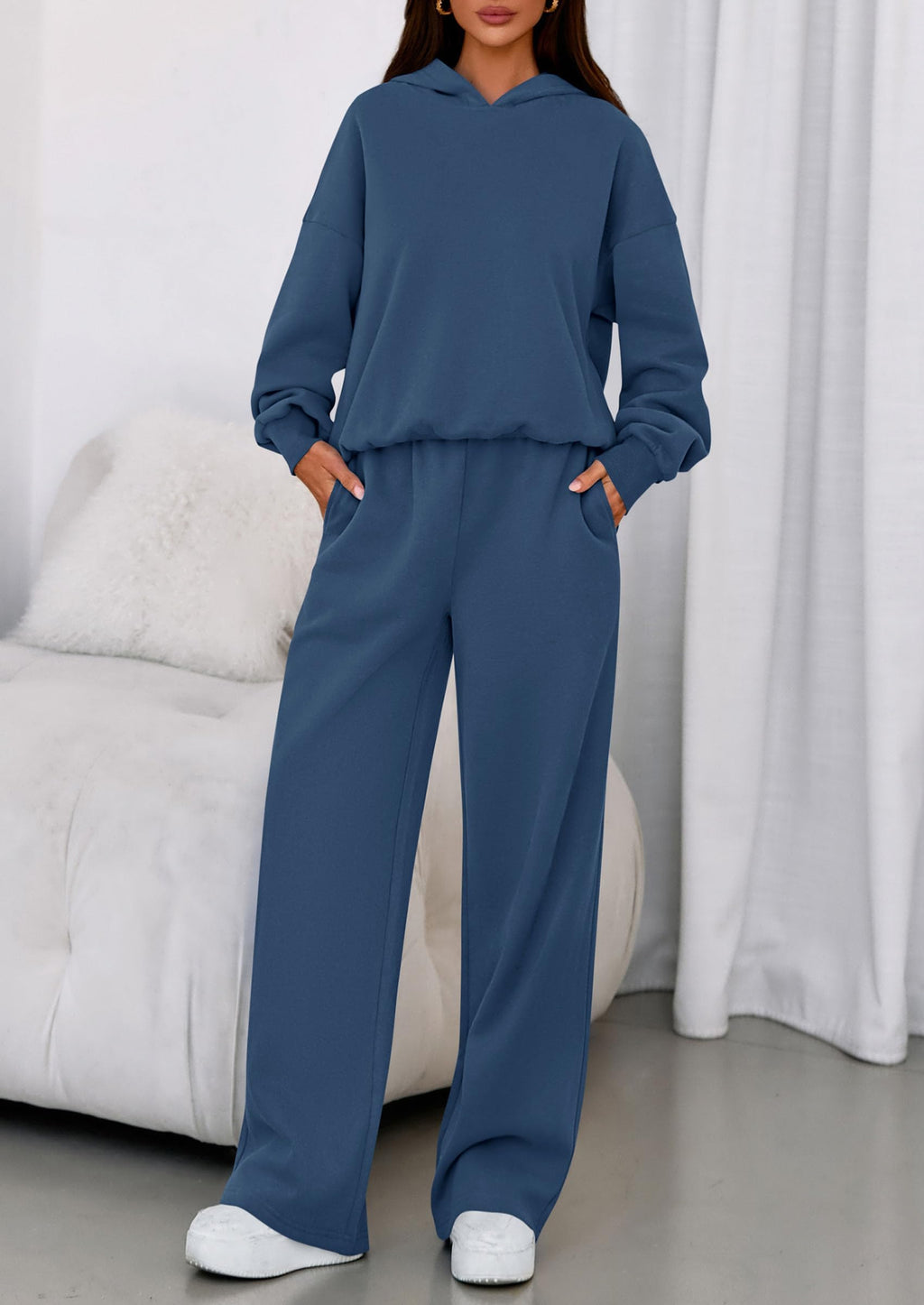 PRETTYGARDEN Womens Sweatsuits 2 Piece Set 2026 Casual Winter Long Sleeve Hoodie Loose Wide Leg Sweatpants Fall Tracksuit (Grey Blue,Medium)