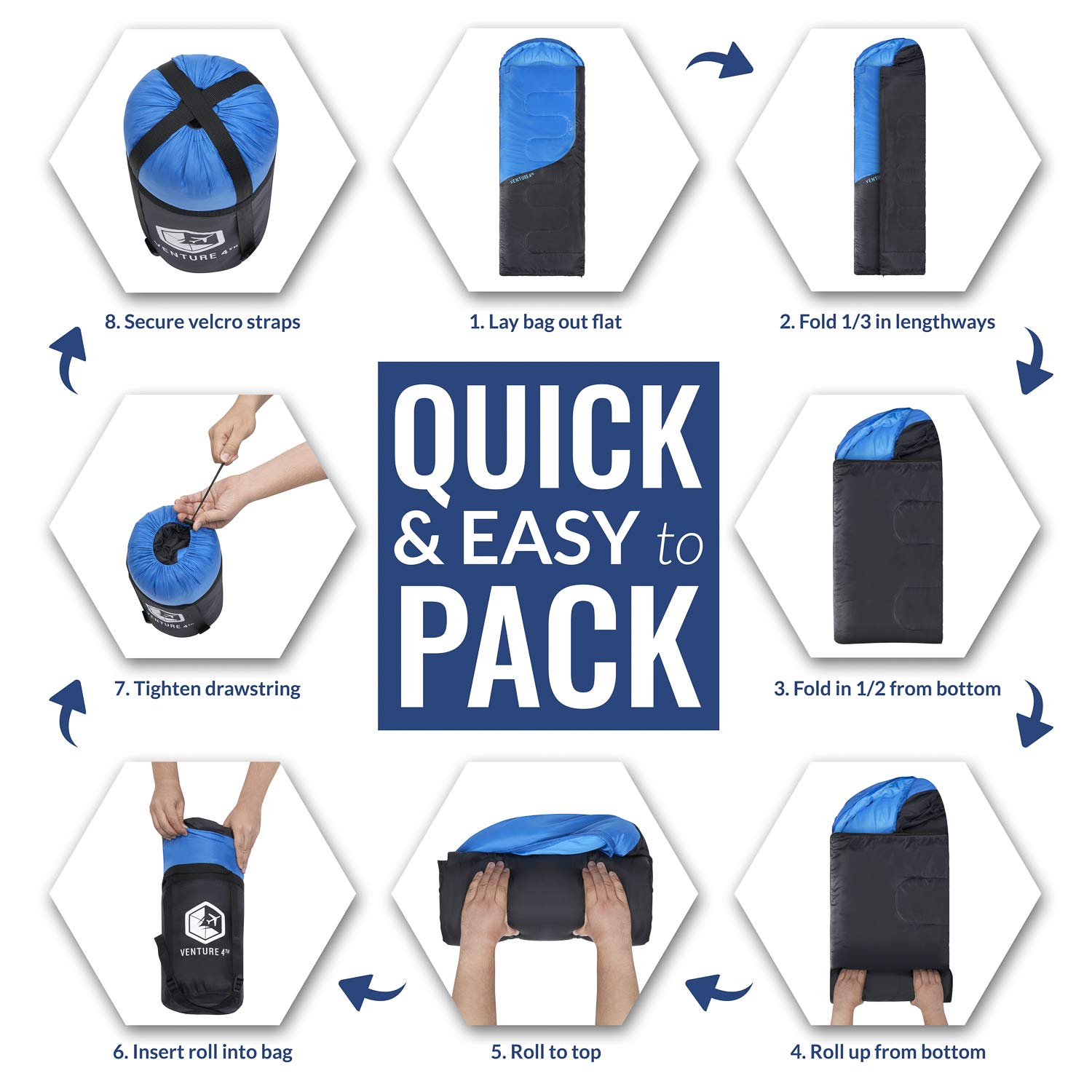 VENTURE 4TH Summer Sleeping Bag, Single, Regular Size - Lightweight, Comfortable, Water Resistant Backpacking Sleeping Bag for Adults & Kids - Ideal for Hiking, Camping & Outdoor – Blue/Gray